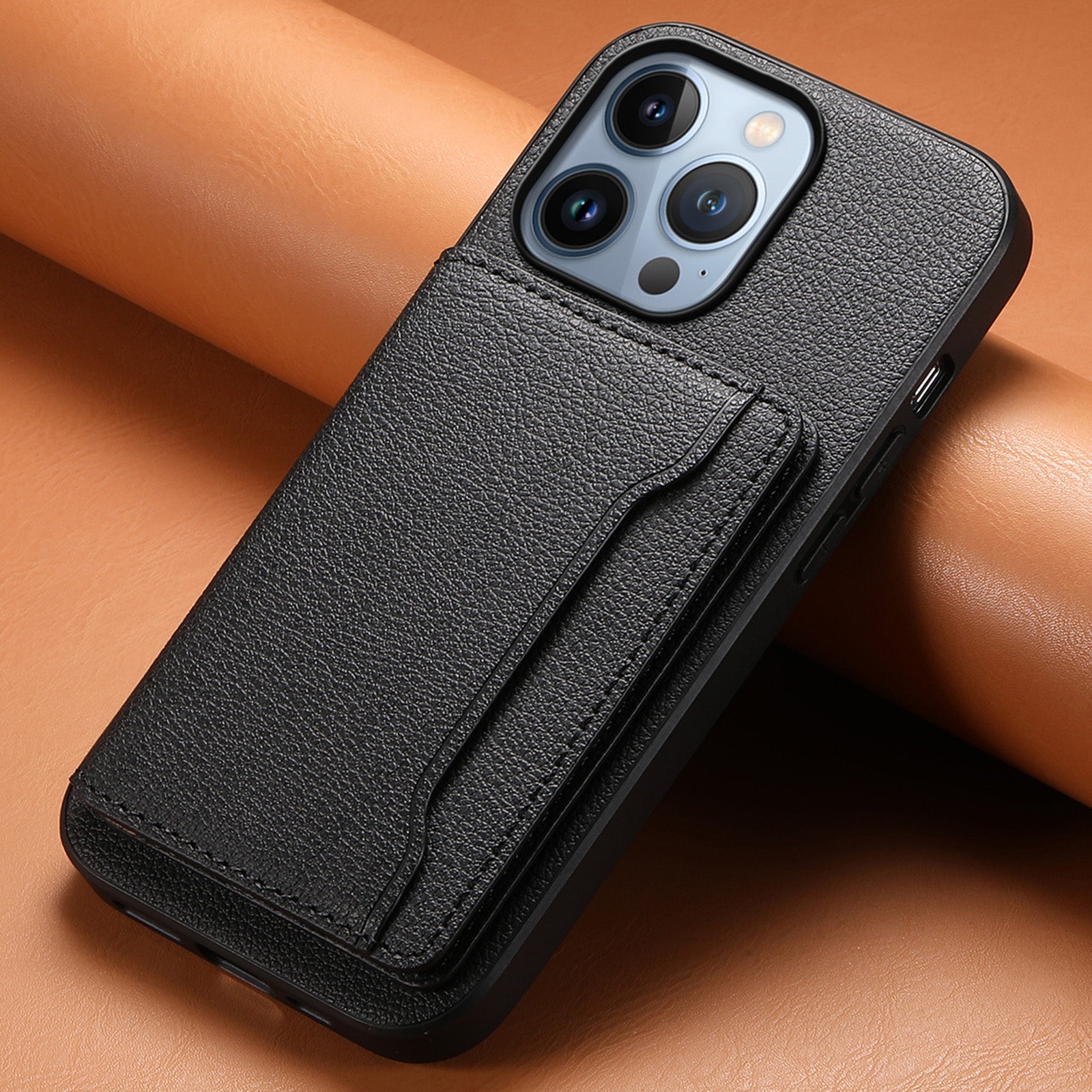 For iPhone 13 Pro Card Slot Case Kickstand Calf Texture PU+ PC+TPU Phone Cover