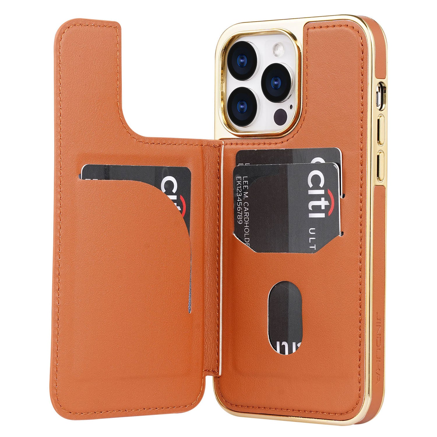 JINDUKA D4 Series for iPhone 13 Pro Case Card Slots Leather Coated PC Phone Cover Stitching Triangle