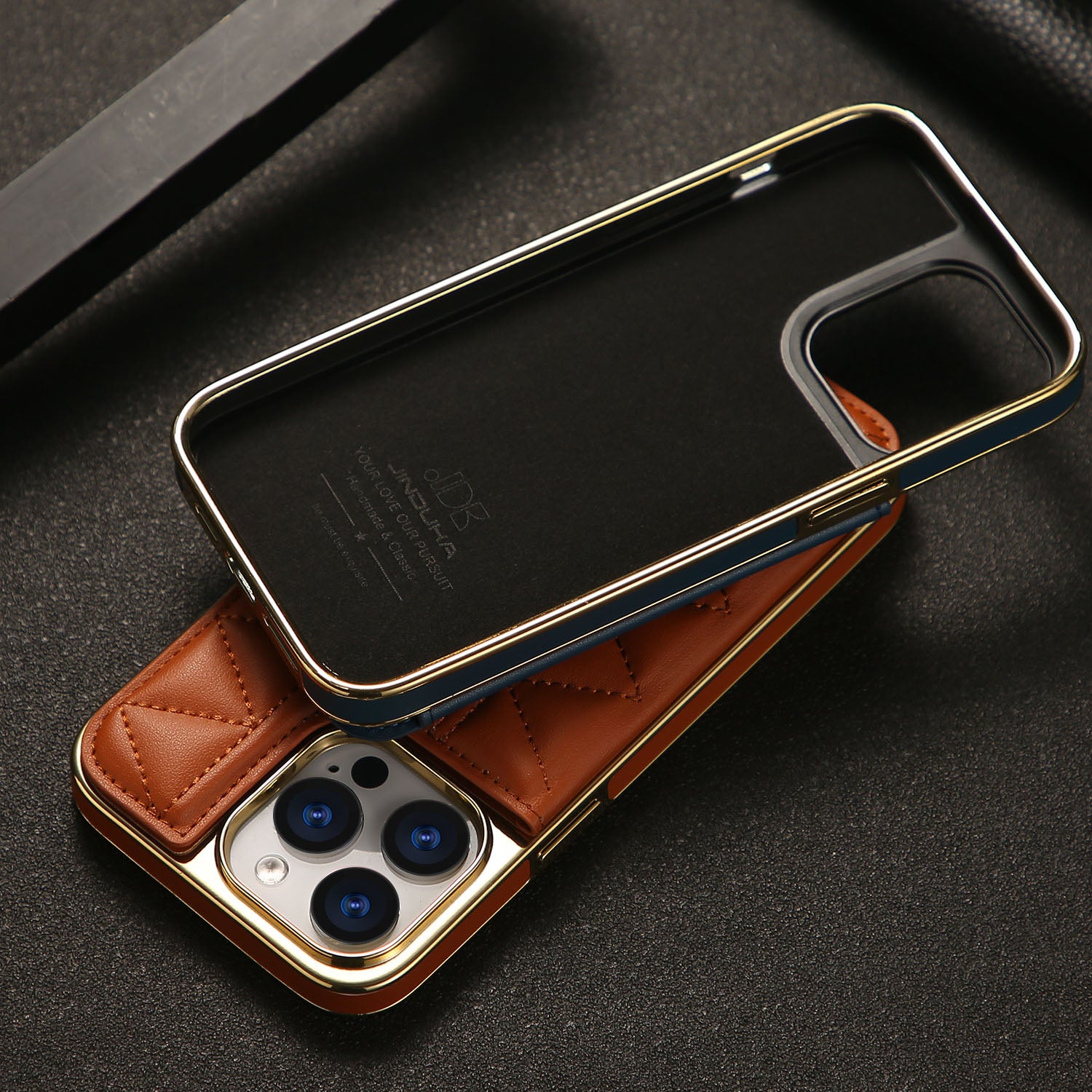 JINDUKA D4 Series for iPhone 13 Pro Case Card Slots Leather Coated PC Phone Cover Stitching Triangle