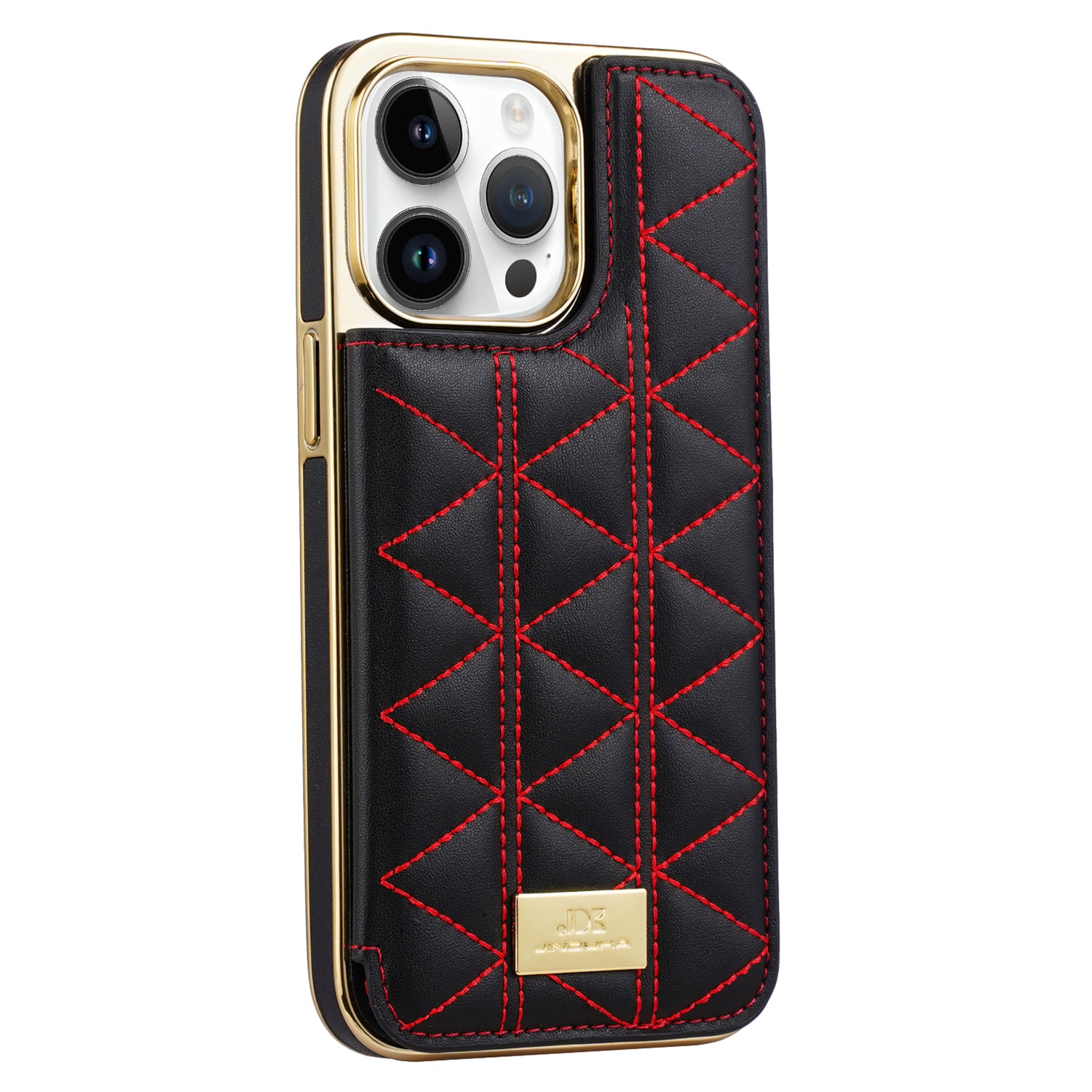 JINDUKA D4 Series for iPhone 13 Pro Case Card Slots Leather Coated PC Phone Cover Stitching Triangle
