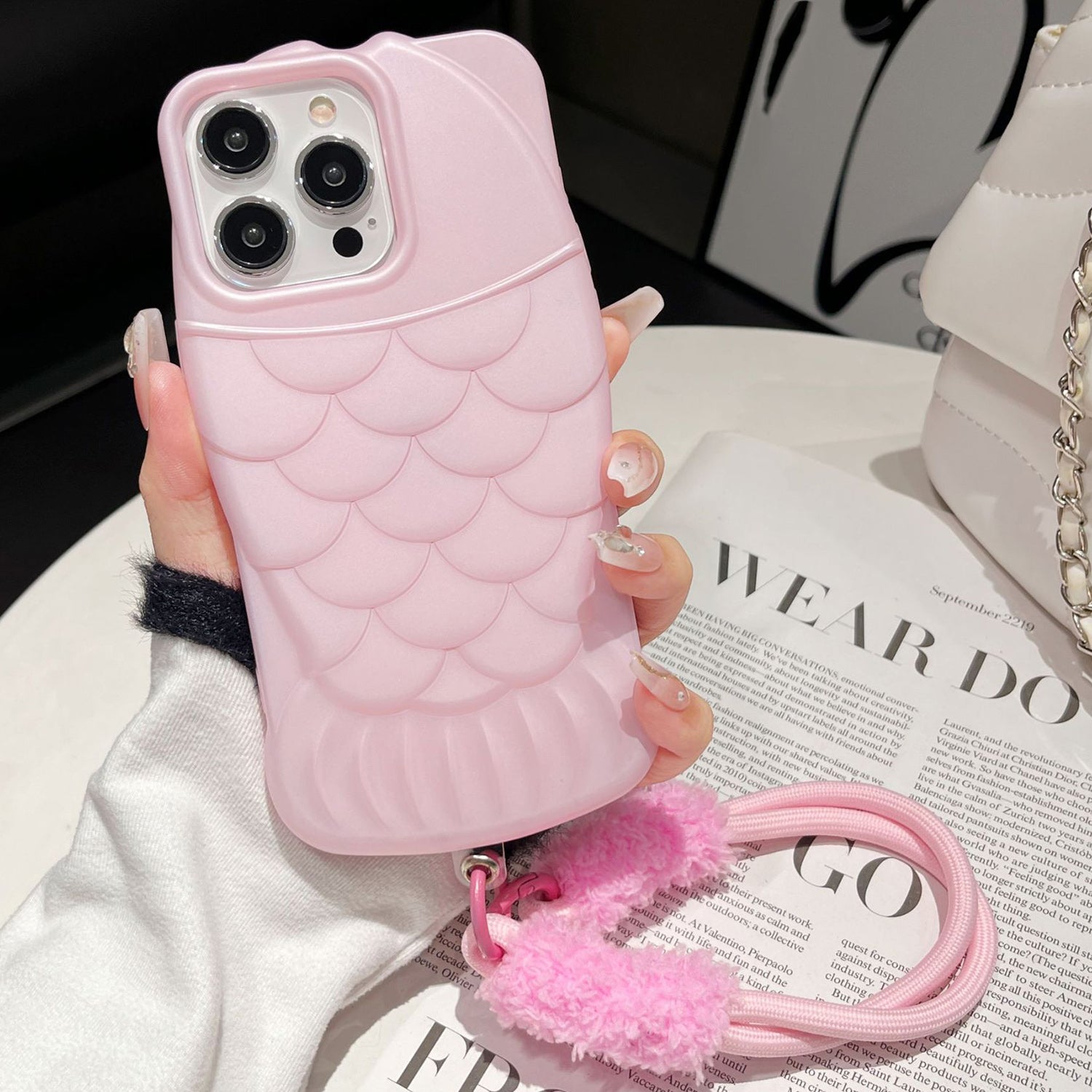 For iPhone 14 Pro Max TPU Case Fish Scale Pattern Anti-Drop Slim Phone Cover with Strap