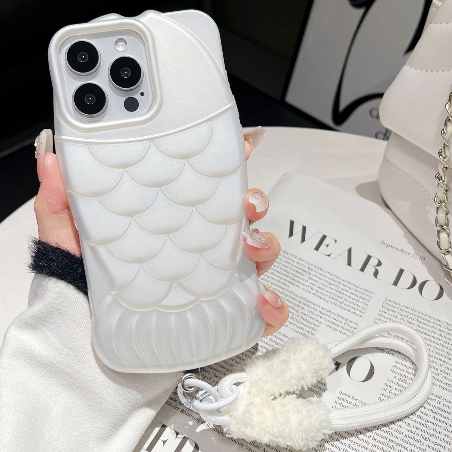 For iPhone 13 Pro TPU Slim Case Fish Scale Pattern Shockproof Phone Cover with Strap