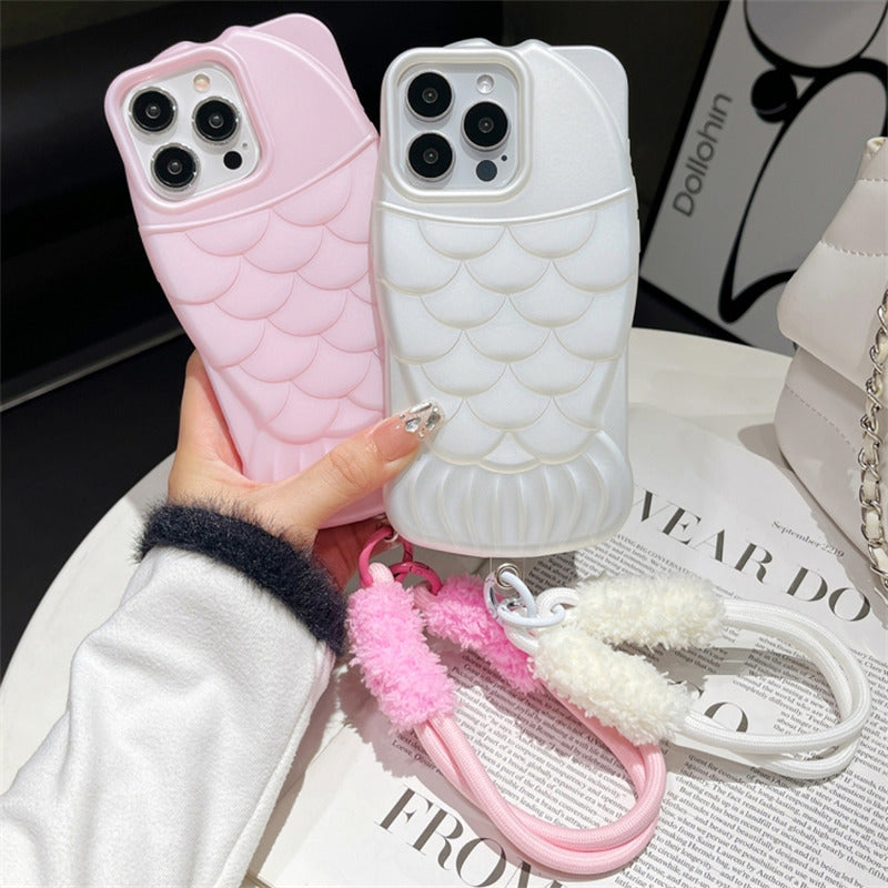 For iPhone 13 Pro TPU Slim Case Fish Scale Pattern Shockproof Phone Cover with Strap
