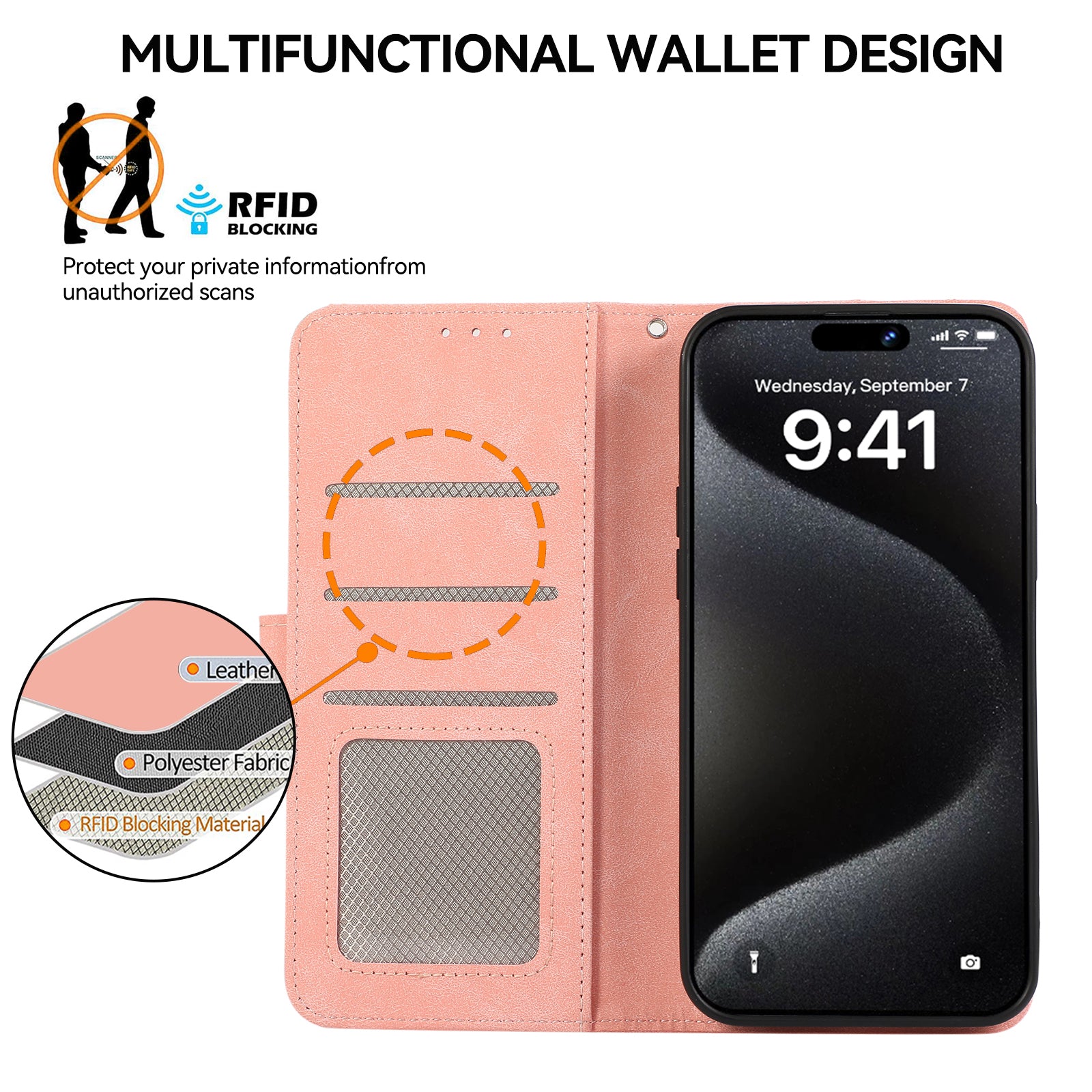 ABEEL For iPhone 15 Pro Max PU Leather Cover RFID Blocking Stand Phone Protective Case