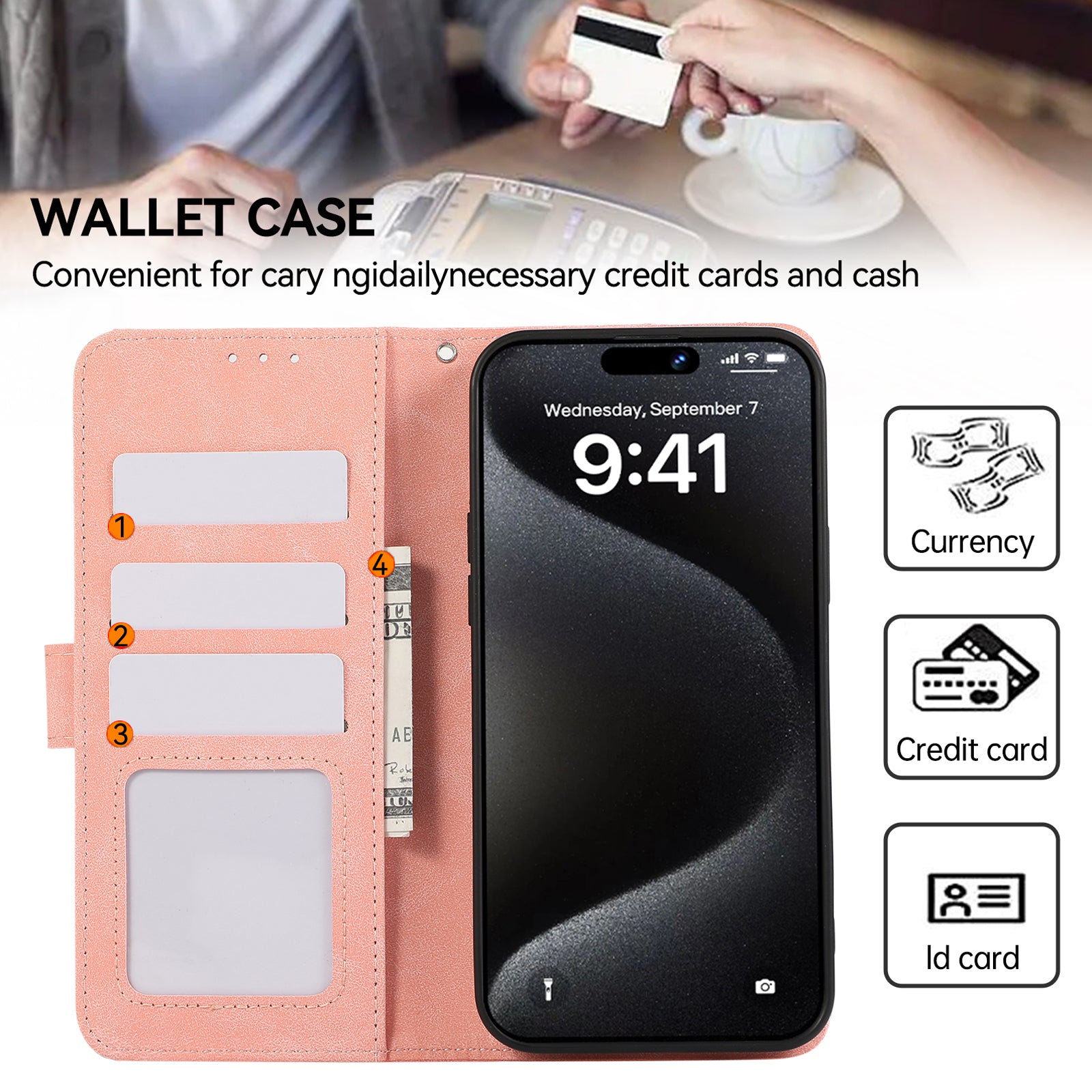 ABEEL For iPhone 15 Pro Max PU Leather Cover RFID Blocking Stand Phone Protective Case