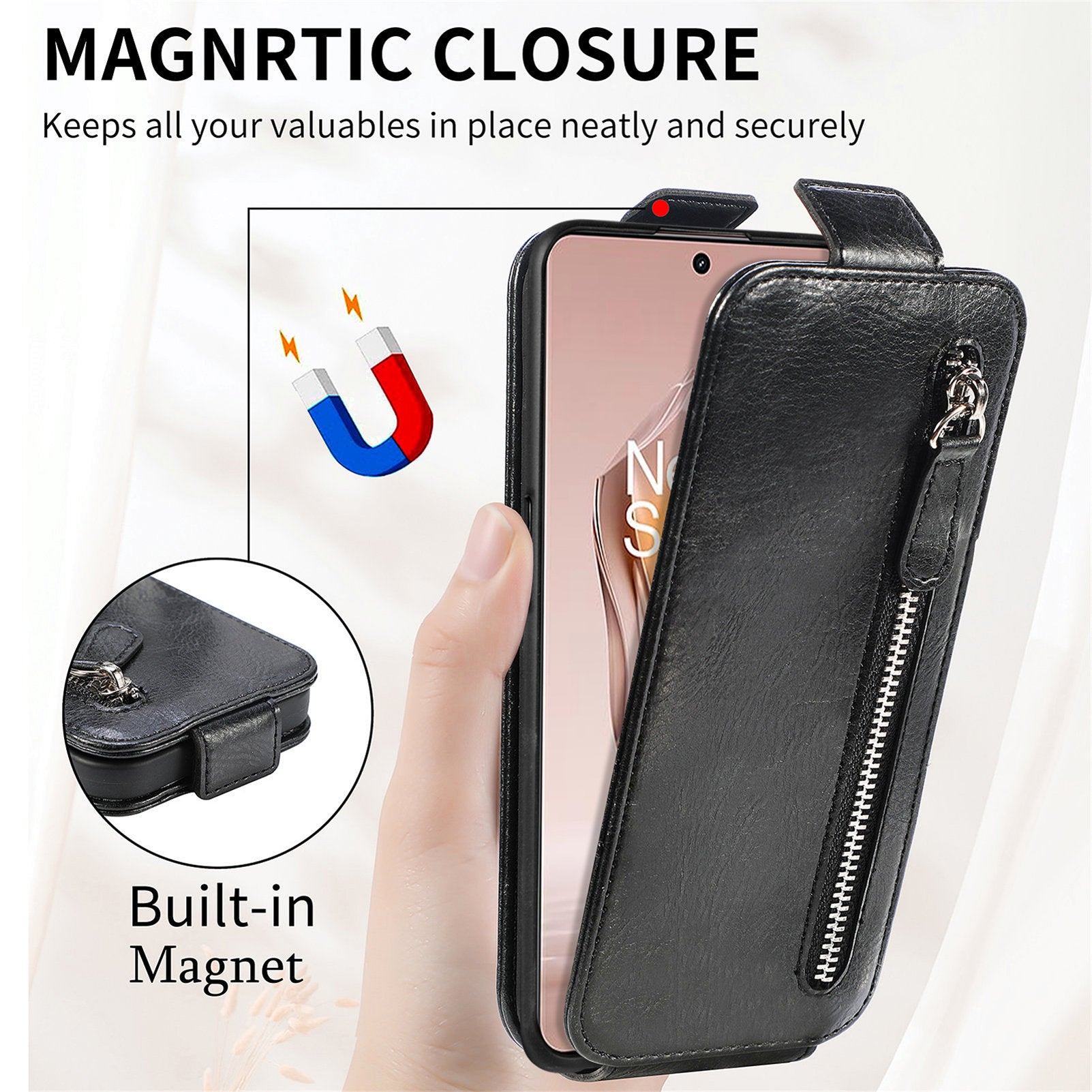 For OnePlus Ace 3 5G / 12R 5G Case PU Leather Vertical Flip Zipper Pocket Phone Cover Shell