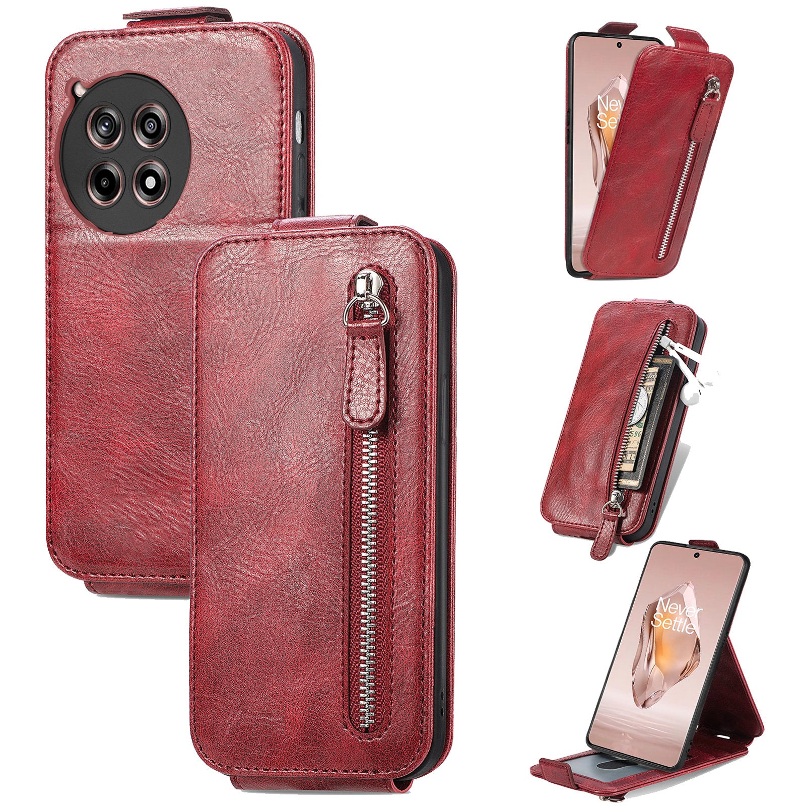 For OnePlus Ace 3 5G / 12R 5G Case PU Leather Vertical Flip Zipper Pocket Phone Cover Shell