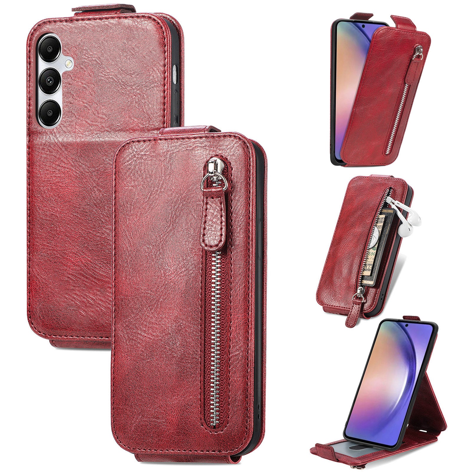 For Samsung Galaxy A55 5G Pure Color Phone Cover Vertical Flip Zipper Pocket PU Leather Phone Case