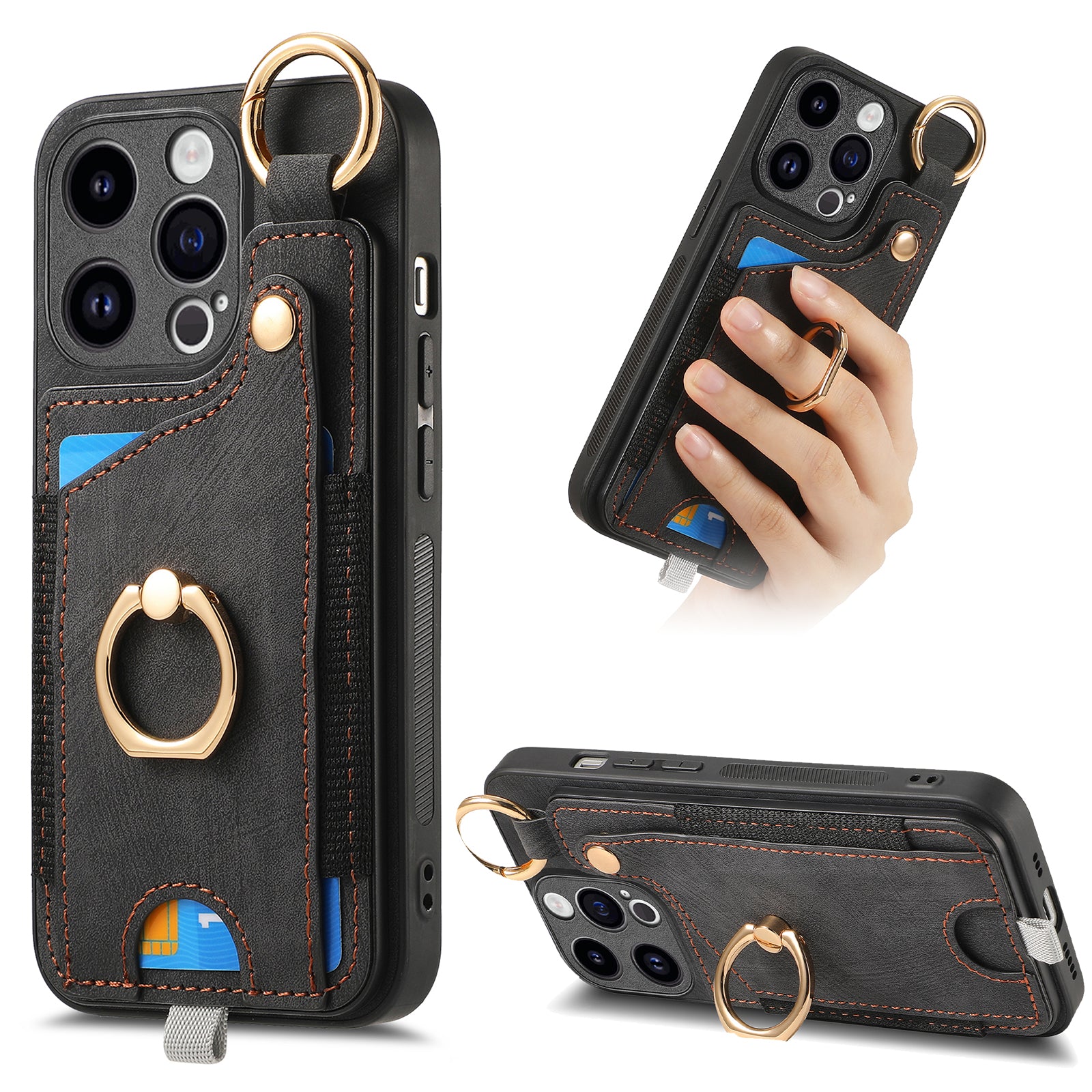 For iPhone 13 Pro Case Leather Card Holder Kickstand Phone Cover