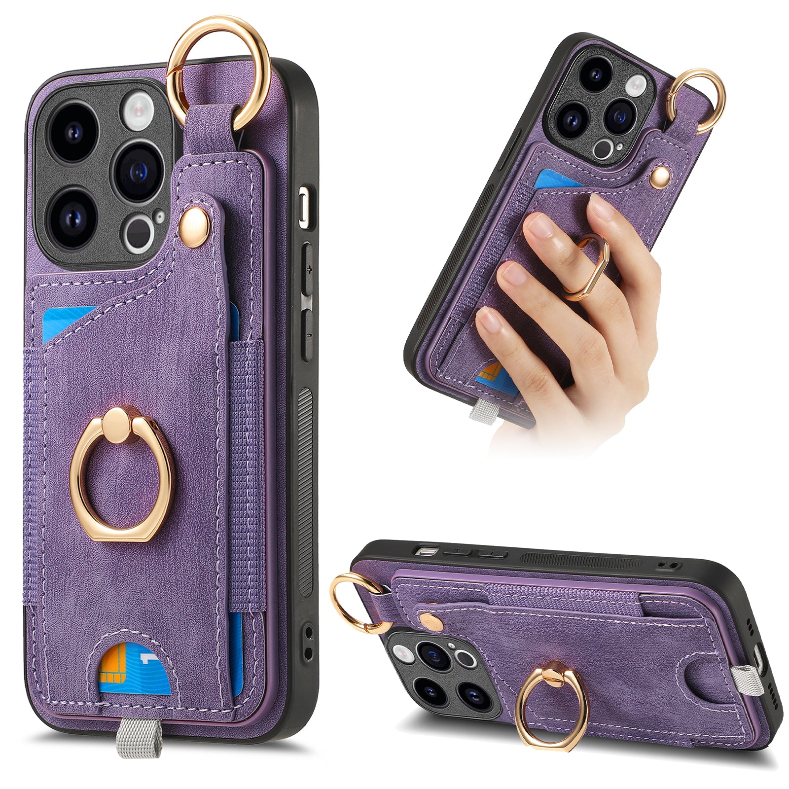 For iPhone 13 Pro Max Case Card Holder Leather + TPU Kickstand Phone Cover