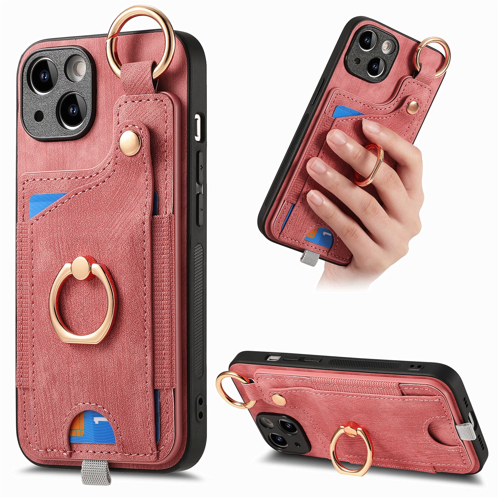 For iPhone 13 Supporting Kickstand Phone Case TPU+PU Leather Card Holder Phone Shell