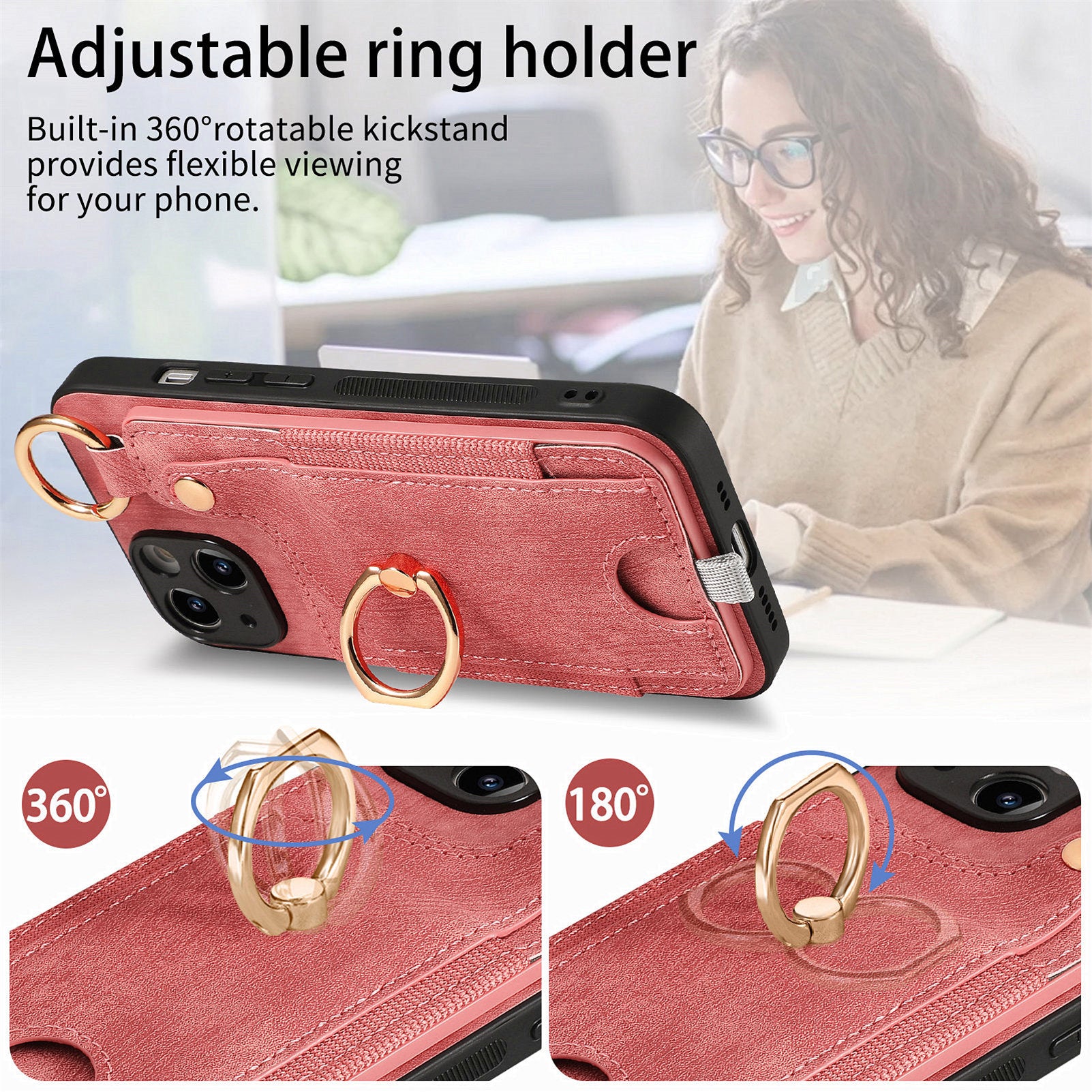 For iPhone 13 Supporting Kickstand Phone Case TPU+PU Leather Card Holder Phone Shell