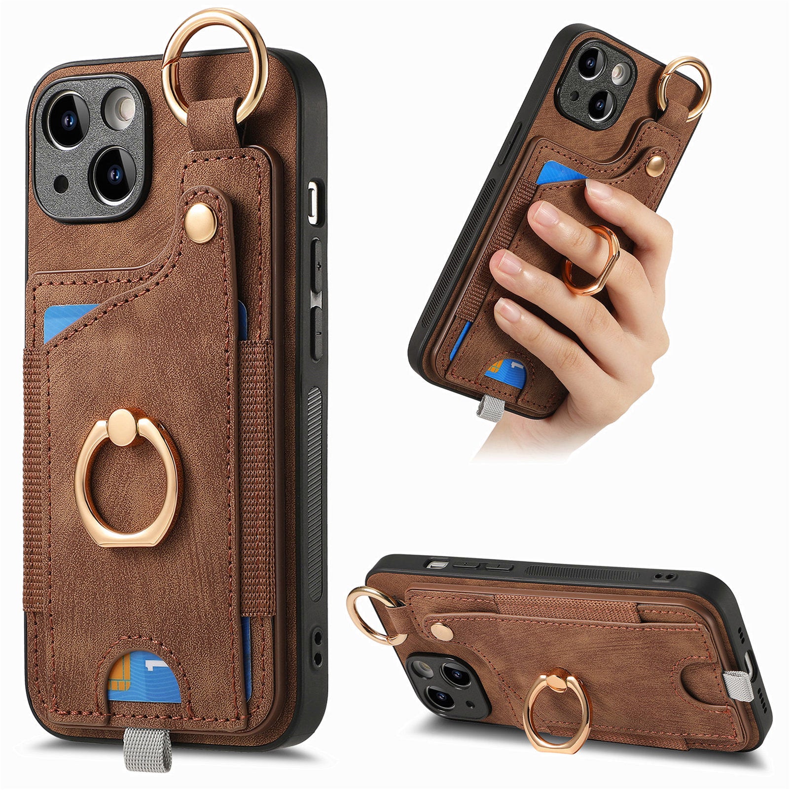 For iPhone 13 Supporting Kickstand Phone Case TPU+PU Leather Card Holder Phone Shell