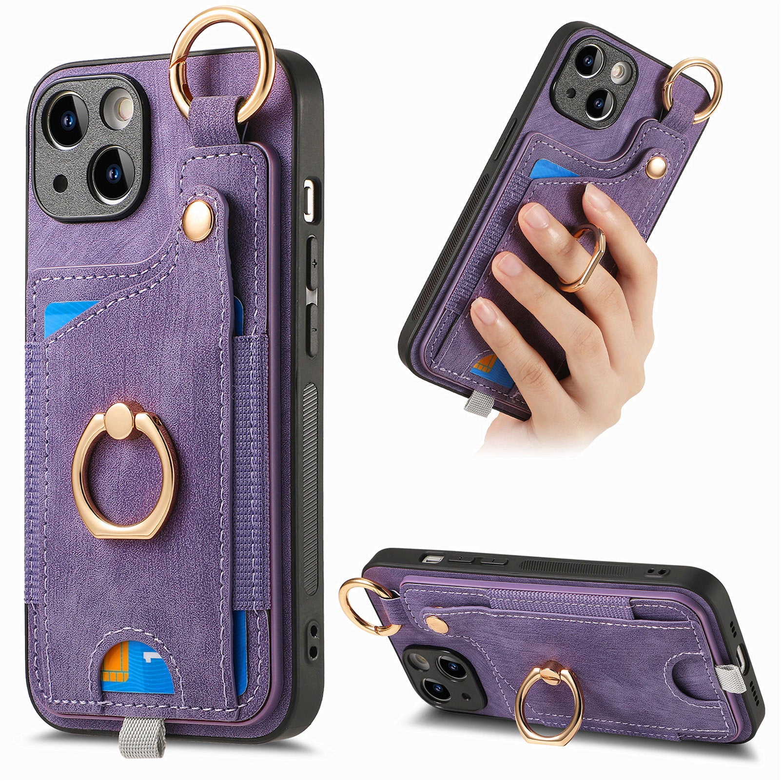 For iPhone 13 Supporting Kickstand Phone Case TPU+PU Leather Card Holder Phone Shell