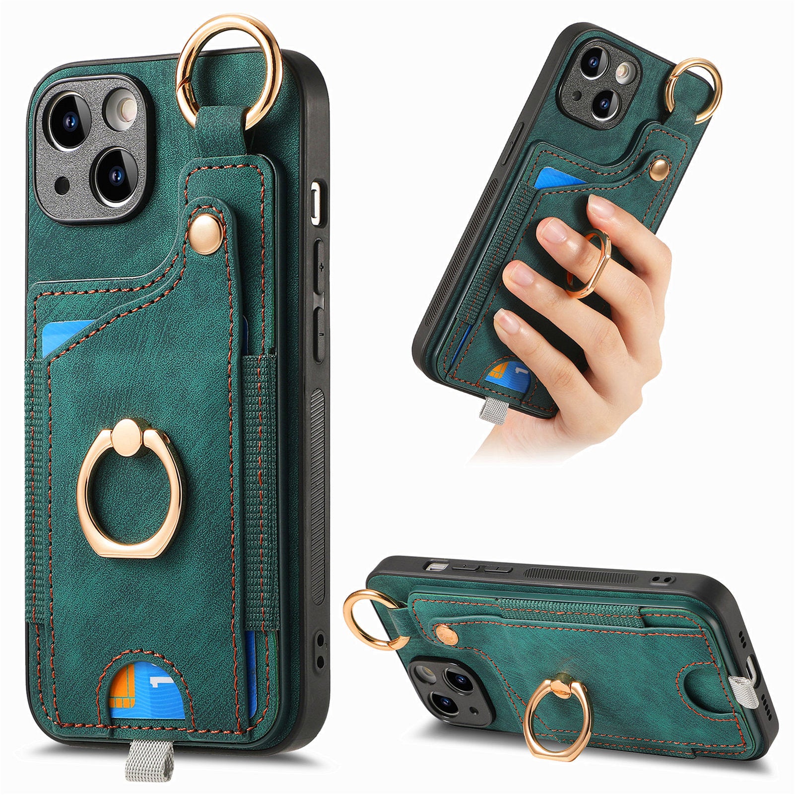 For iPhone 13 Supporting Kickstand Phone Case TPU+PU Leather Card Holder Phone Shell
