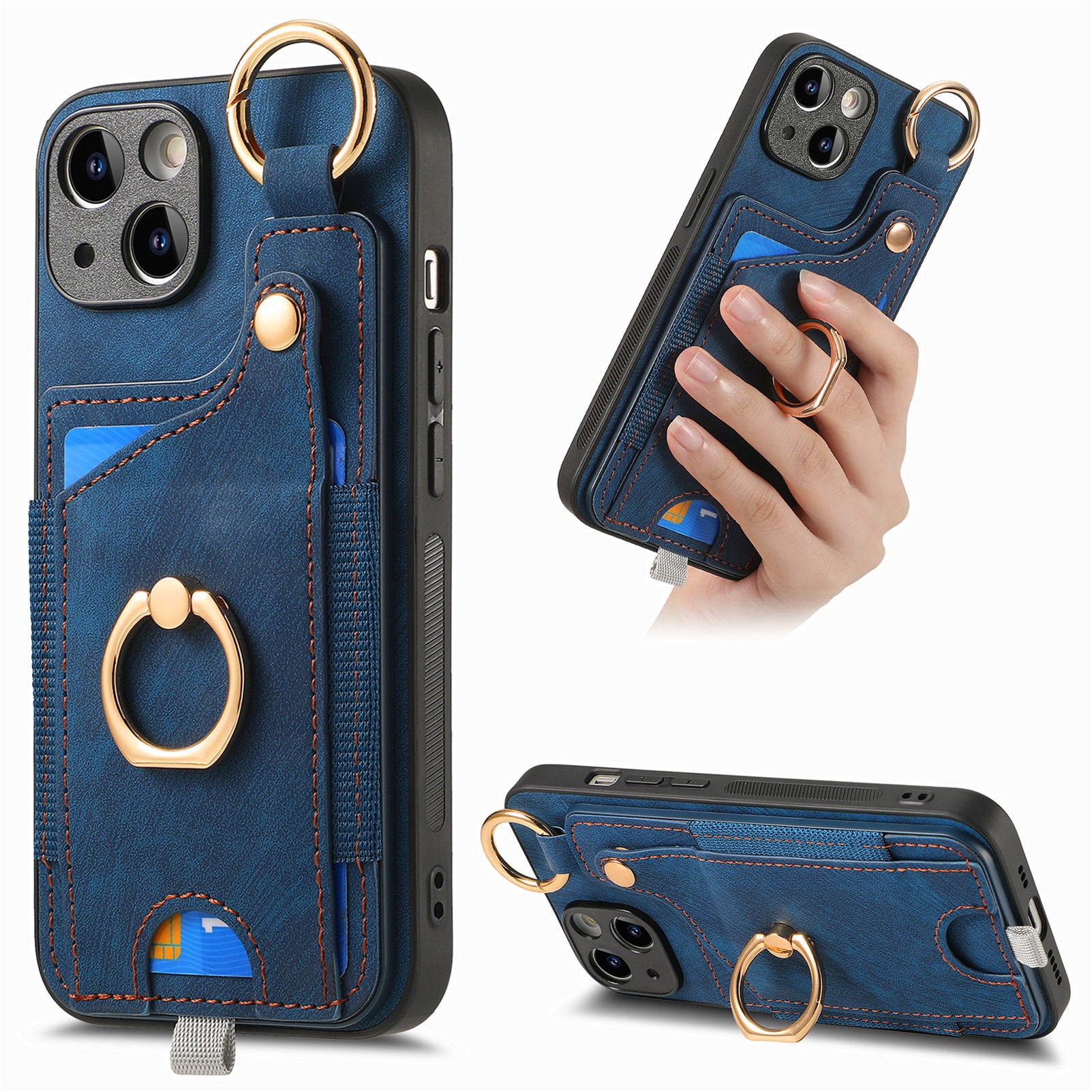 For iPhone 13 Supporting Kickstand Phone Case TPU+PU Leather Card Holder Phone Shell