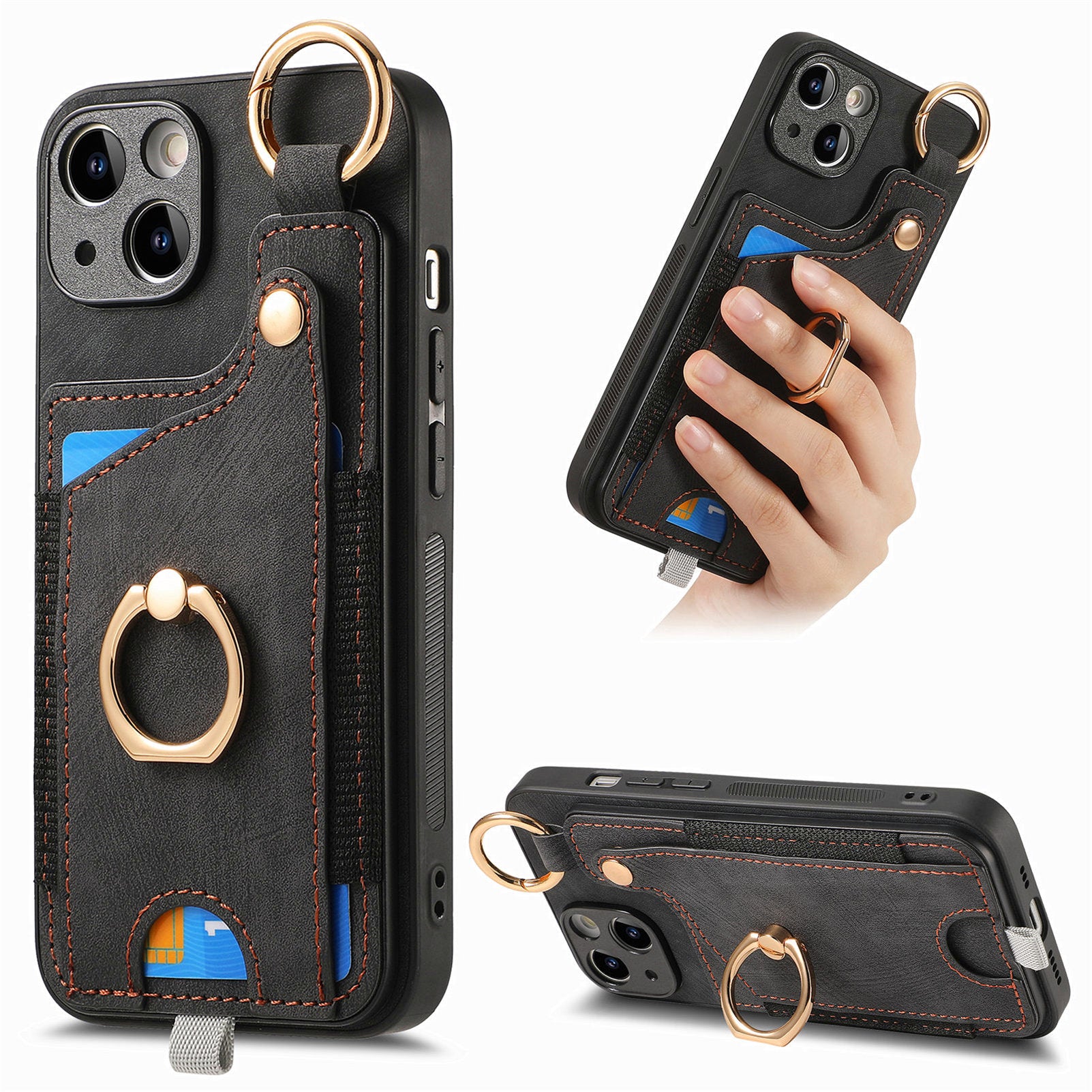 For iPhone 13 Supporting Kickstand Phone Case TPU+PU Leather Card Holder Phone Shell