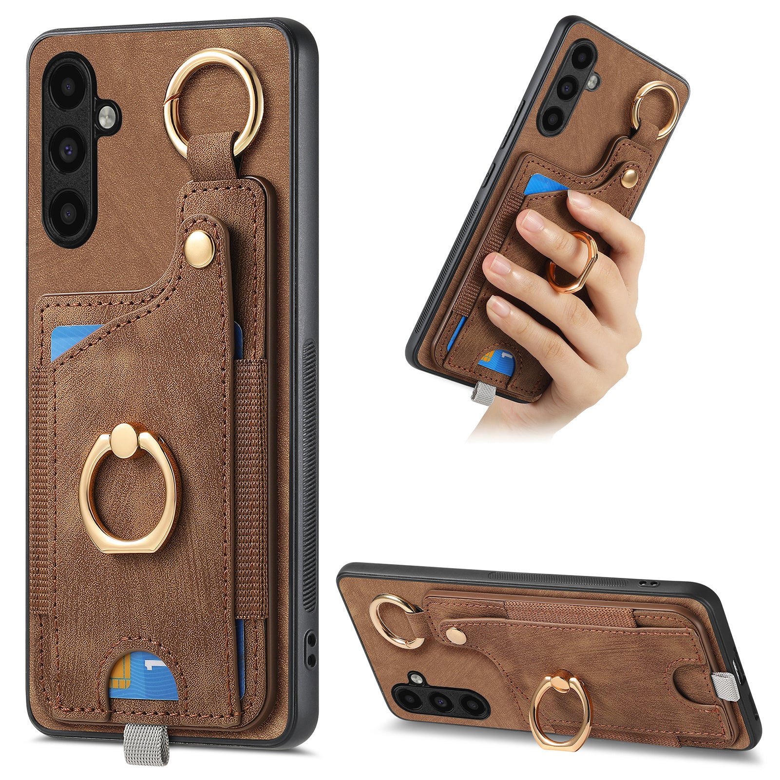 For Samsung Galaxy A14 4G / 5G Case Ring Kickstand Leather Retro Back Cover with Card Holder