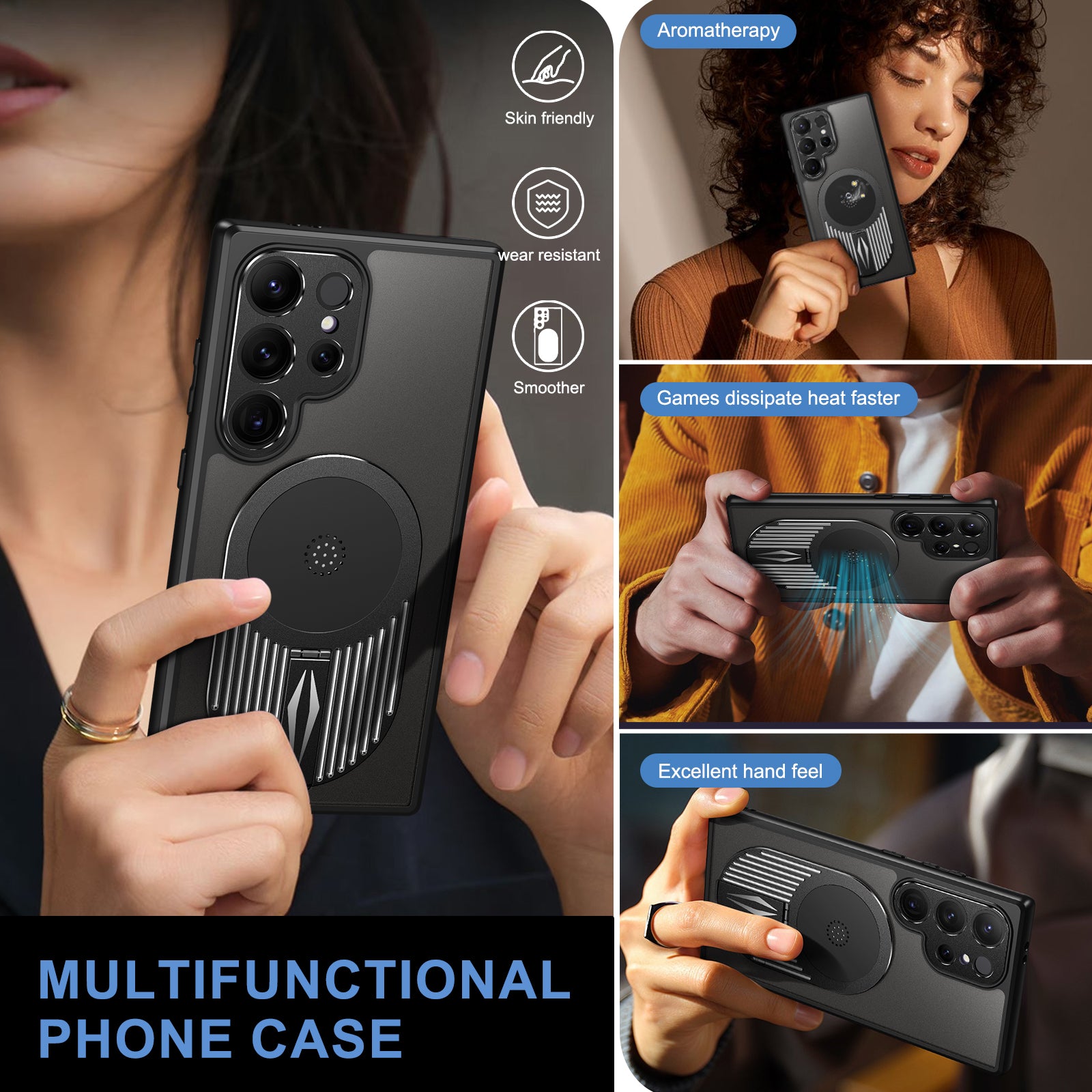For Samsung Galaxy S23 Ultra Magnetic Case PC+Silicone Kickstand Phone Cover Graphene Heat Dissipation