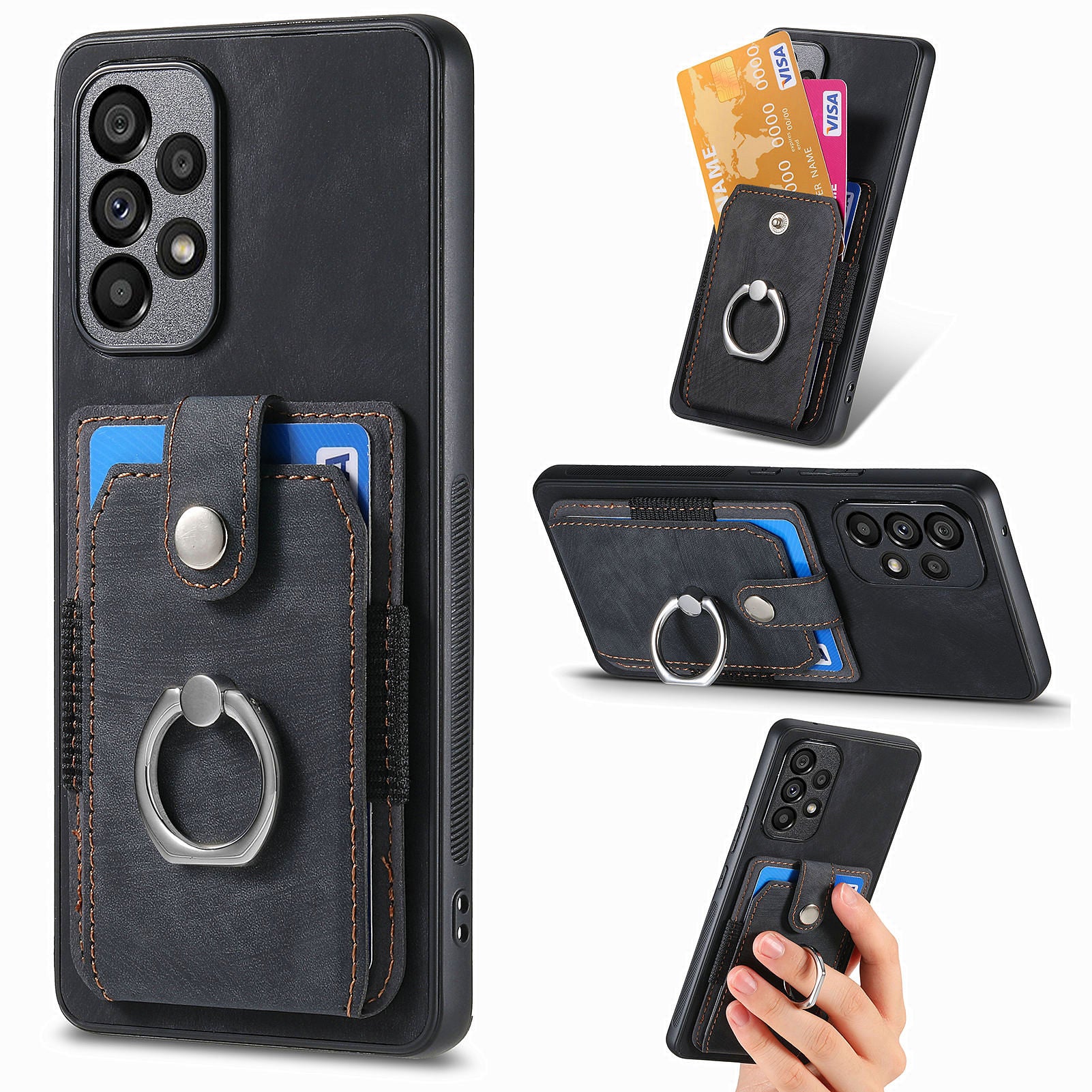 D2 For Samsung Galaxy A53 5G Card Slots Retro PU Leather+TPU Phone Cover with Ring Kickstand