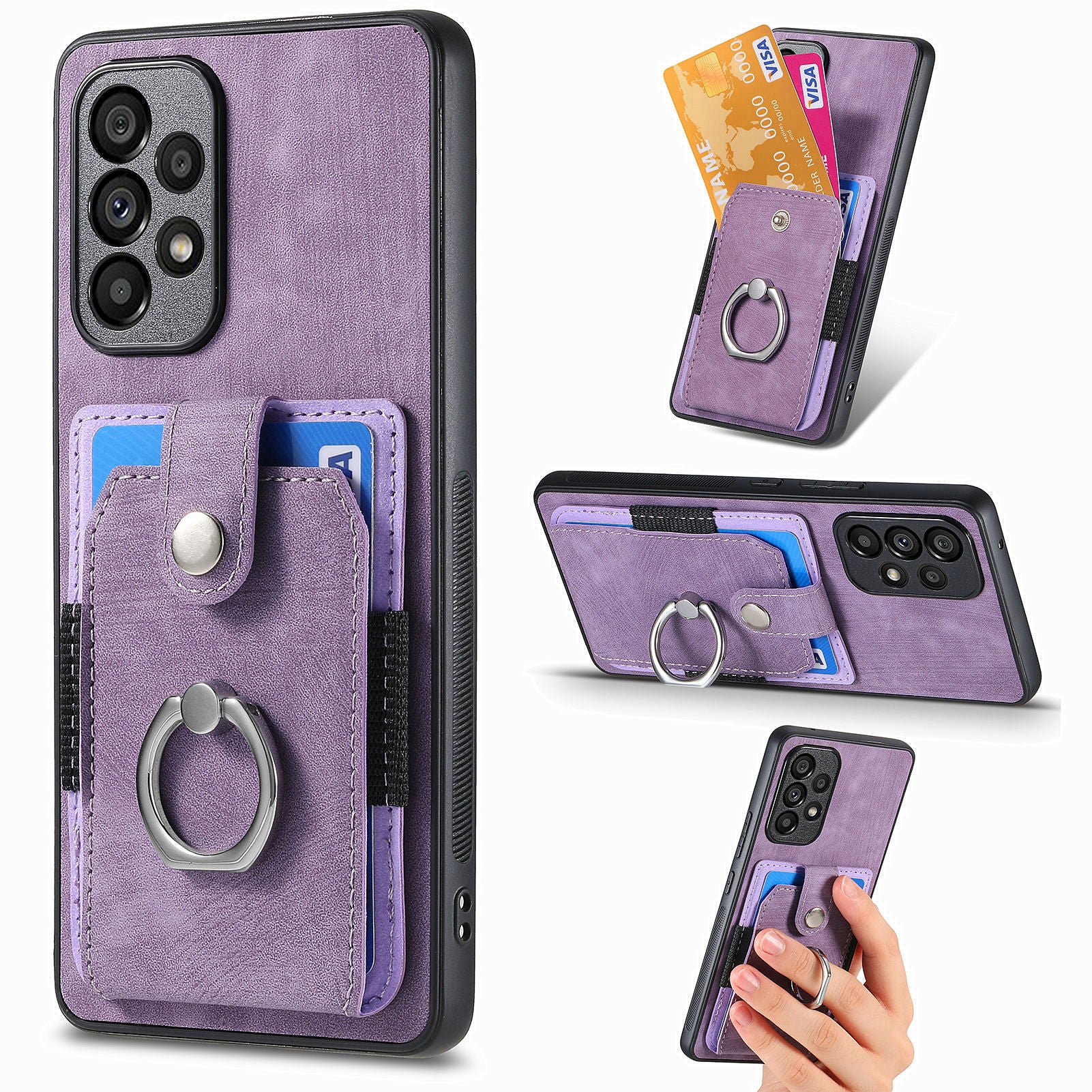 D2 For Samsung Galaxy A53 5G Card Slots Retro PU Leather+TPU Phone Cover with Ring Kickstand