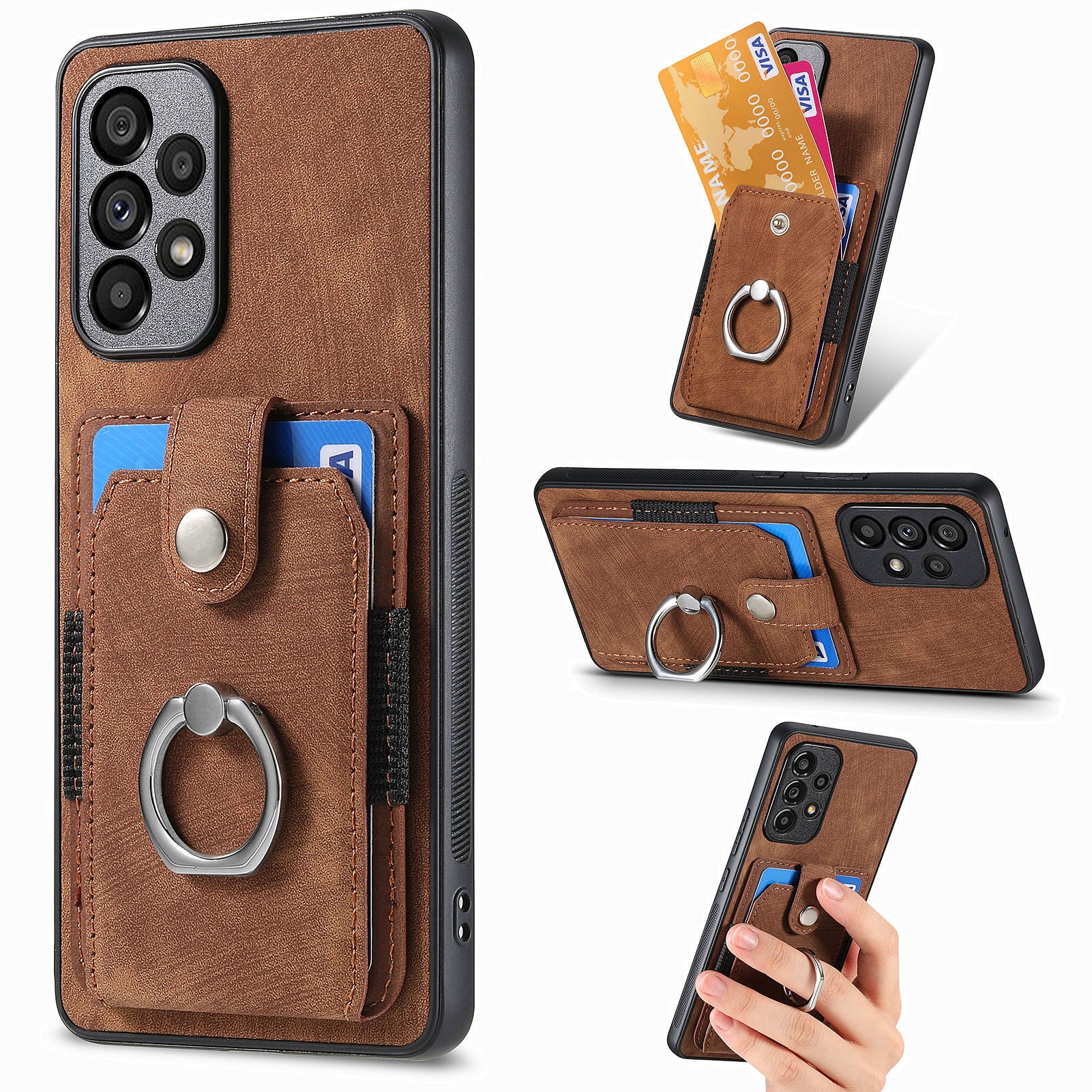D2 For Samsung Galaxy A53 5G Card Slots Retro PU Leather+TPU Phone Cover with Ring Kickstand