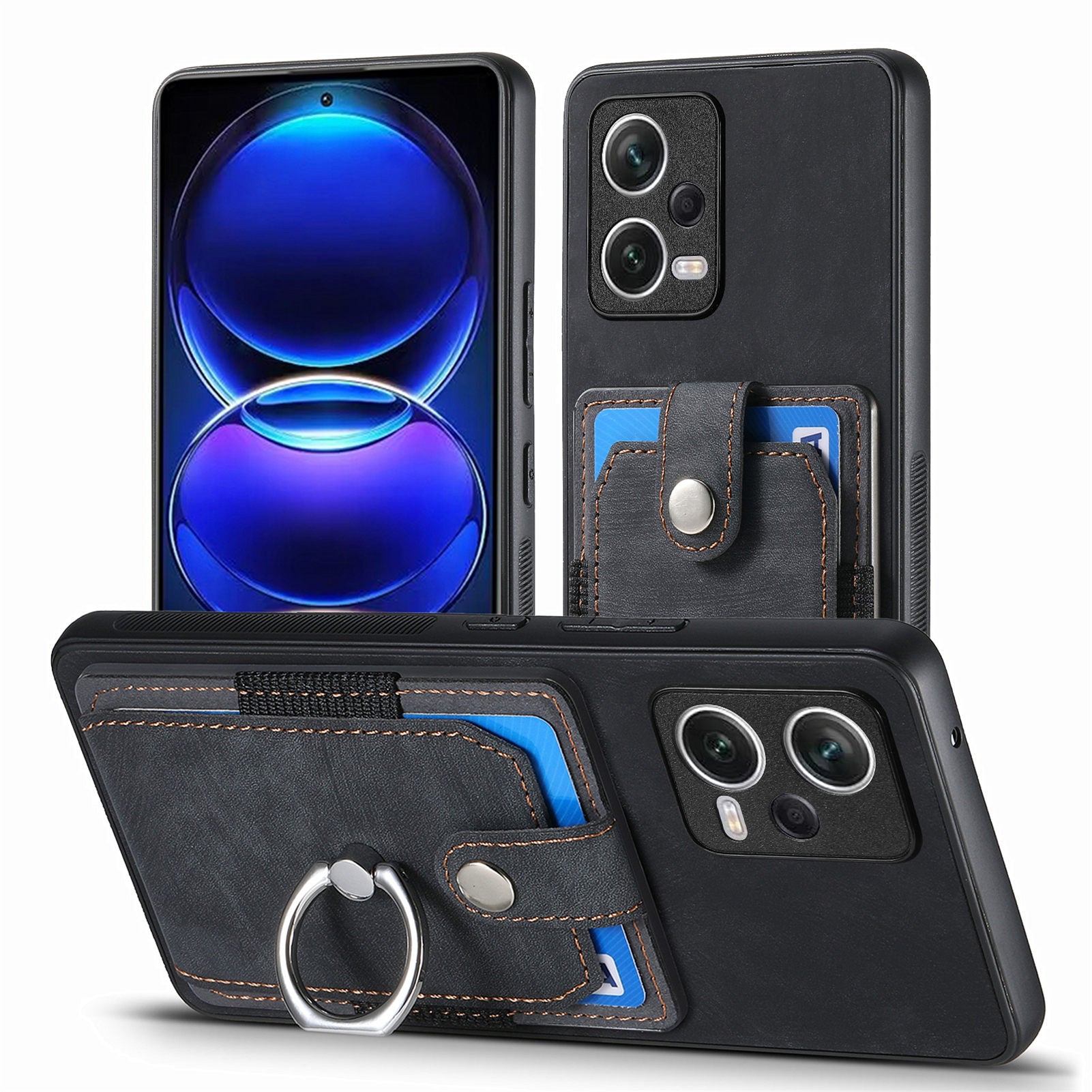 D2 For Xiaomi Redmi Note 12 Pro 5G Case Ring Kickstand Retro Leather+TPU Card Holder Phone Cover