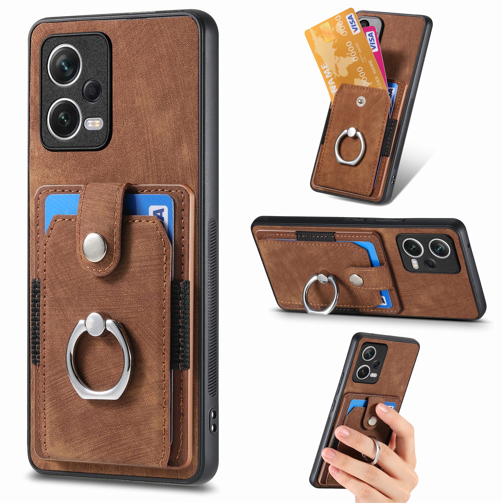 D2 For Xiaomi Redmi Note 12 Pro 5G Case Ring Kickstand Retro Leather+TPU Card Holder Phone Cover