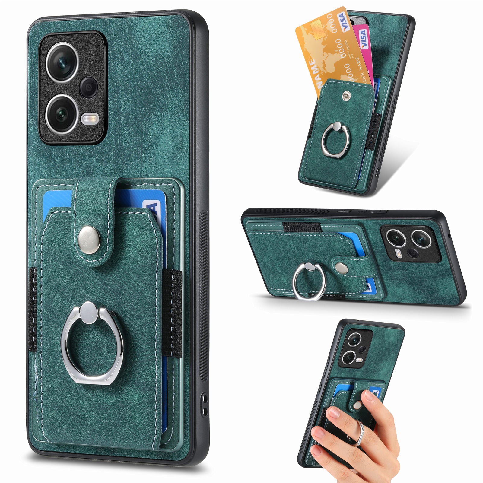 D2 For Xiaomi Redmi Note 12 Pro 5G Case Ring Kickstand Retro Leather+TPU Card Holder Phone Cover