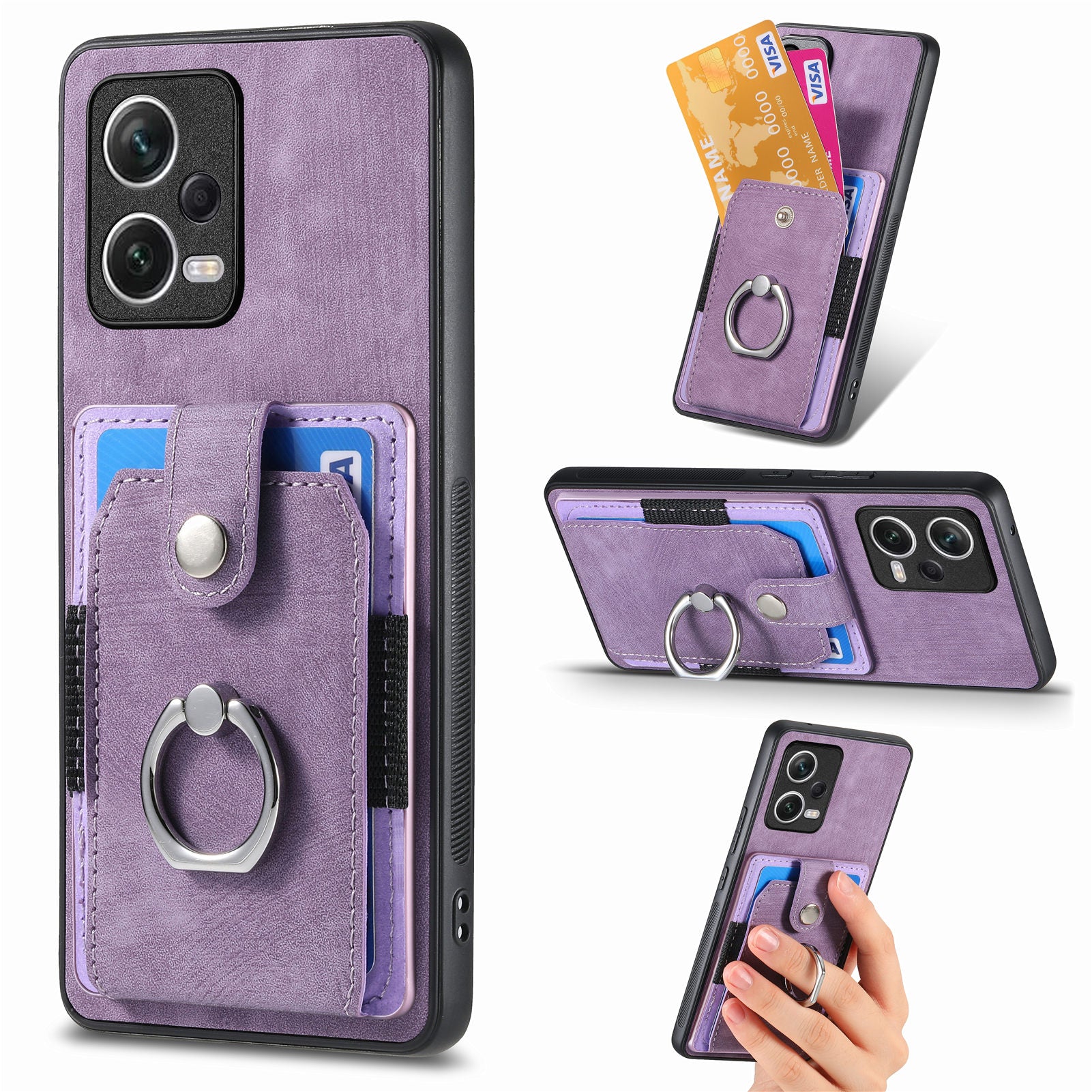 D2 For Xiaomi Redmi Note 12 Pro 5G Case Ring Kickstand Retro Leather+TPU Card Holder Phone Cover