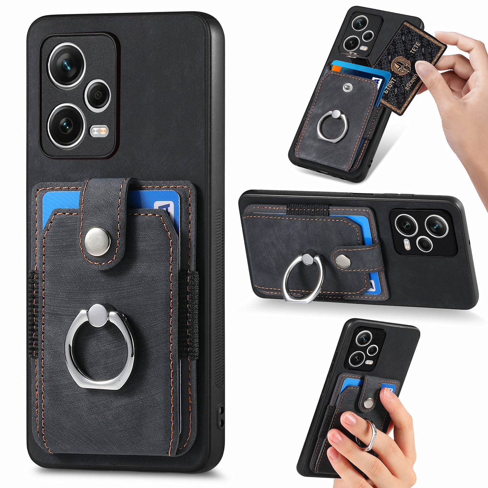 D2 For Xiaomi Redmi Note 12 Pro+ 5G Case Card Slots Leather+TPU Retro Phone Cover with Kickstand