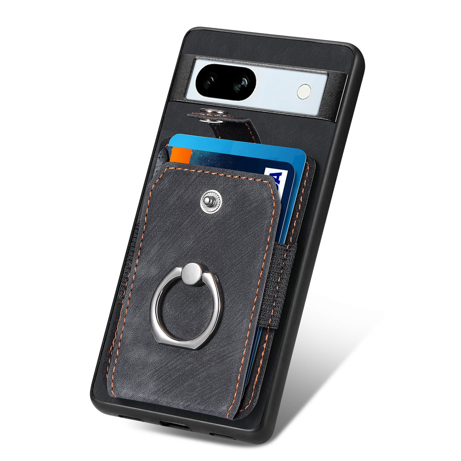 D2 For Google Pixel 7a Case with Card Holder Ring Kickstand Leather Coated TPU Phone Cover