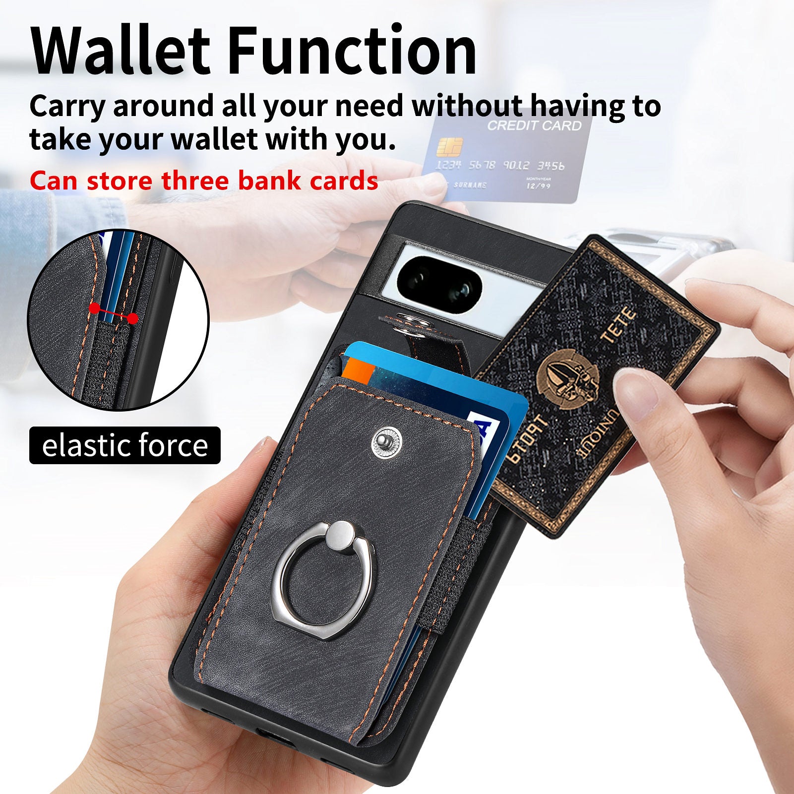 D2 For Google Pixel 7a Case with Card Holder Ring Kickstand Leather Coated TPU Phone Cover