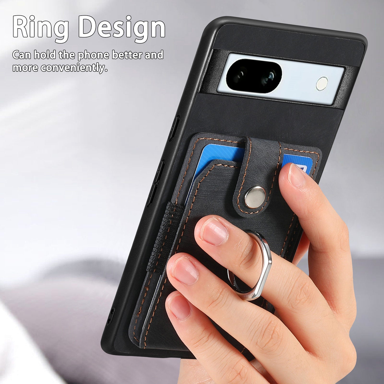 D2 For Google Pixel 7a Case with Card Holder Ring Kickstand Leather Coated TPU Phone Cover
