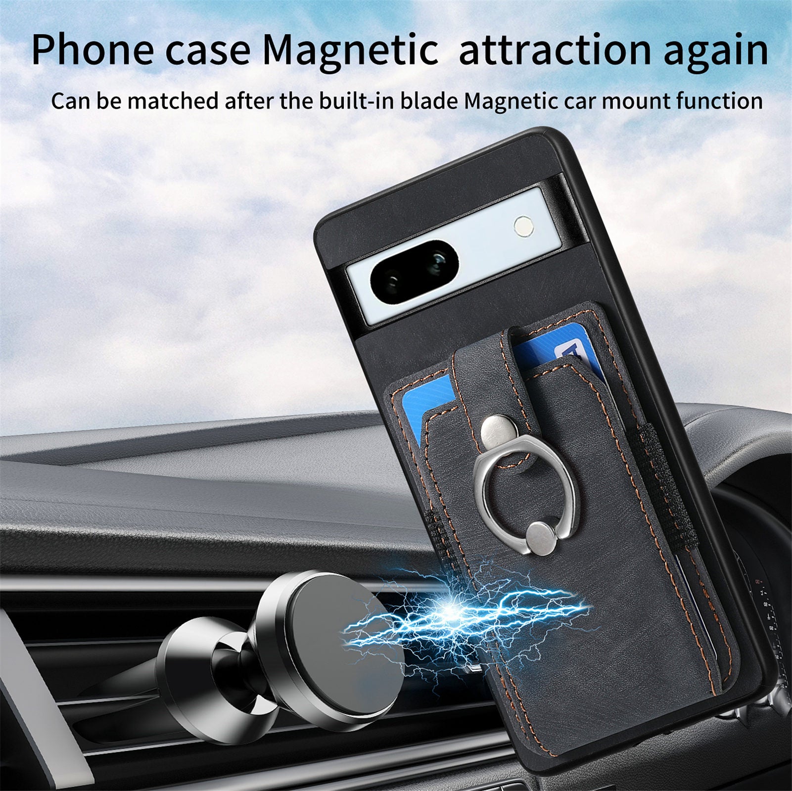 D2 For Google Pixel 7a Case with Card Holder Ring Kickstand Leather Coated TPU Phone Cover