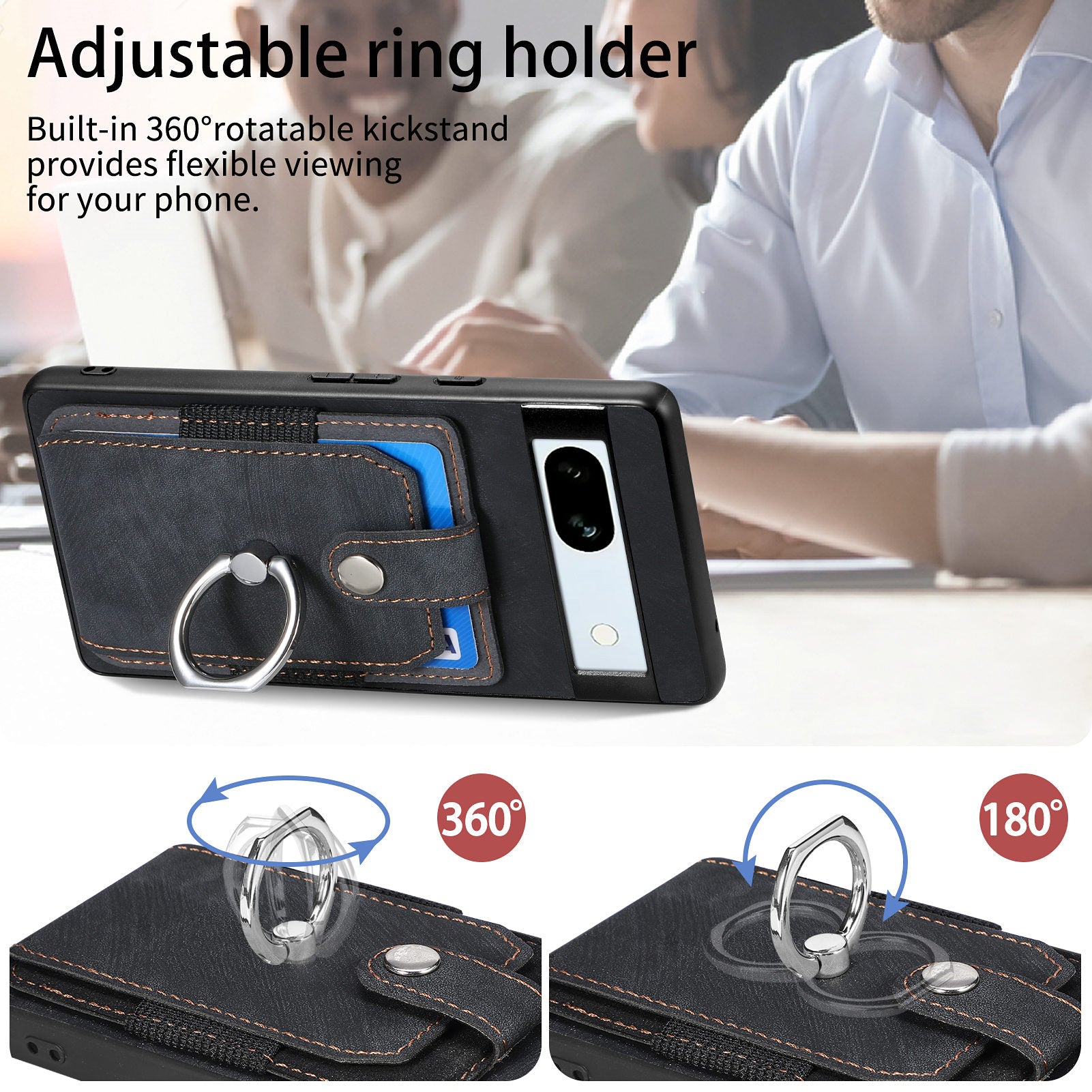 D2 For Google Pixel 7a Case with Card Holder Ring Kickstand Leather Coated TPU Phone Cover