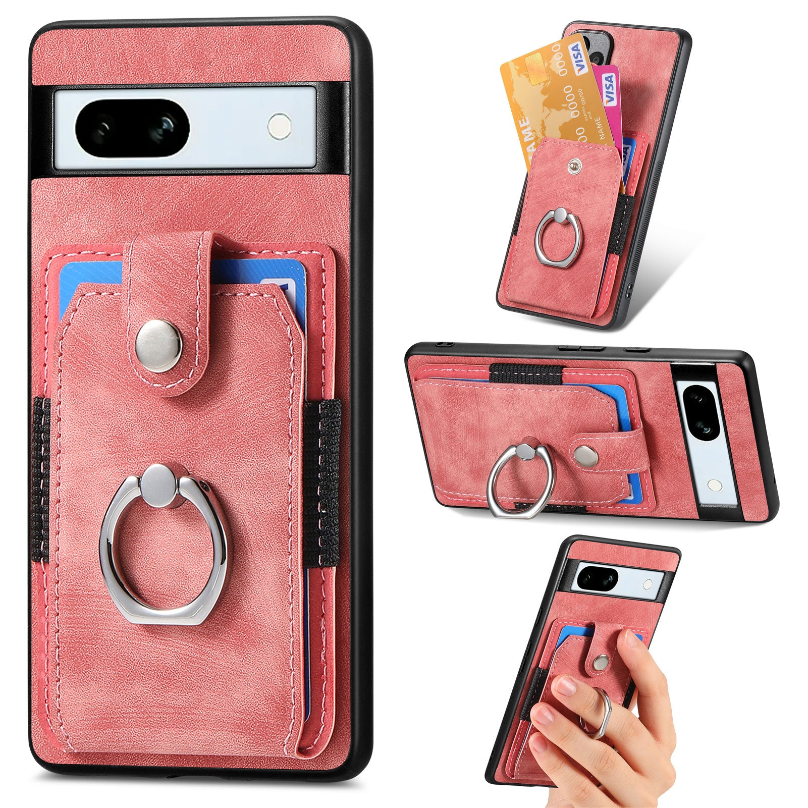 D2 For Google Pixel 7a Case with Card Holder Ring Kickstand Leather Coated TPU Phone Cover
