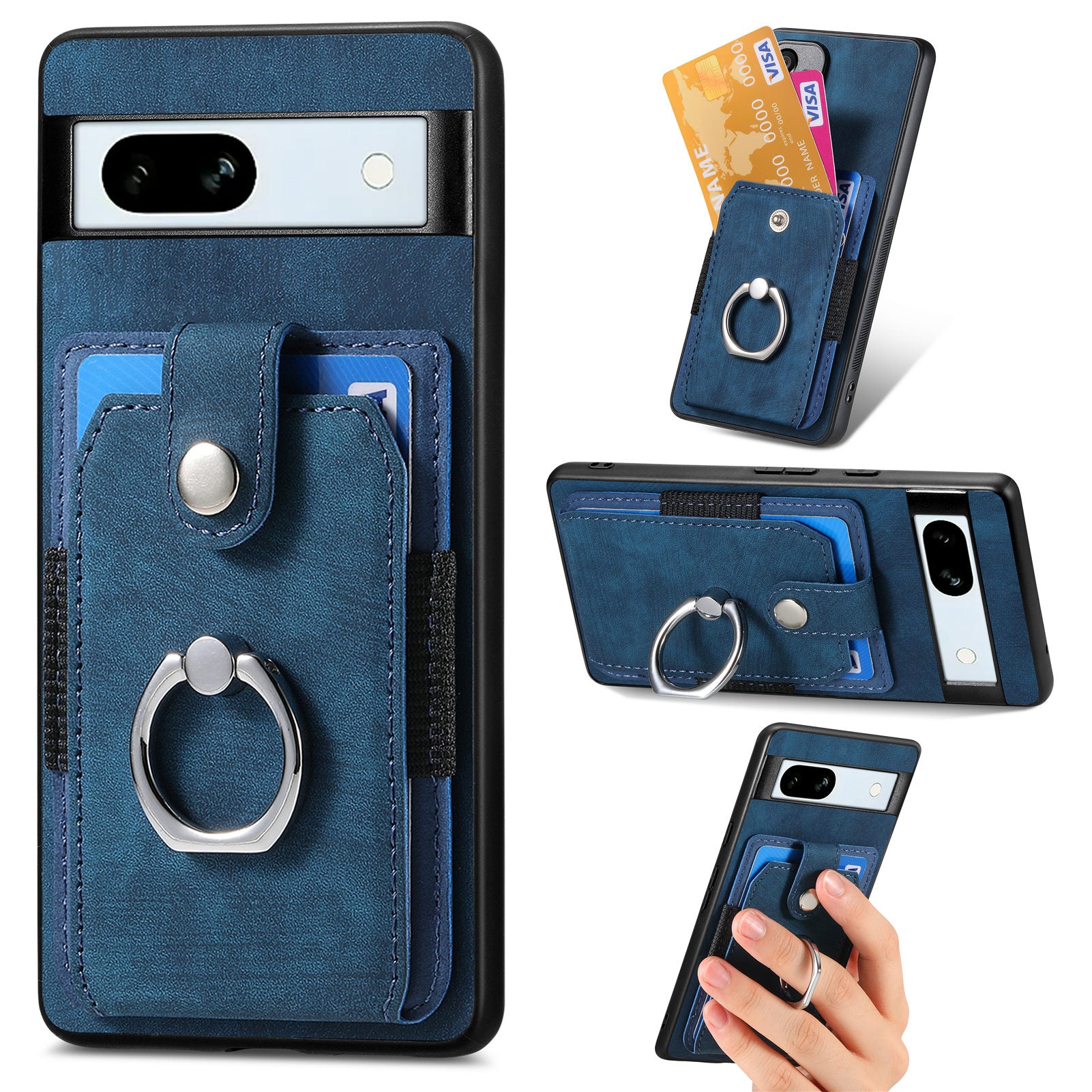D2 For Google Pixel 7a Case with Card Holder Ring Kickstand Leather Coated TPU Phone Cover