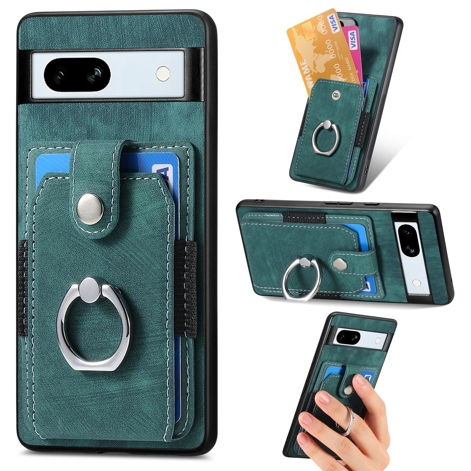 D2 For Google Pixel 7a Case with Card Holder Ring Kickstand Leather Coated TPU Phone Cover