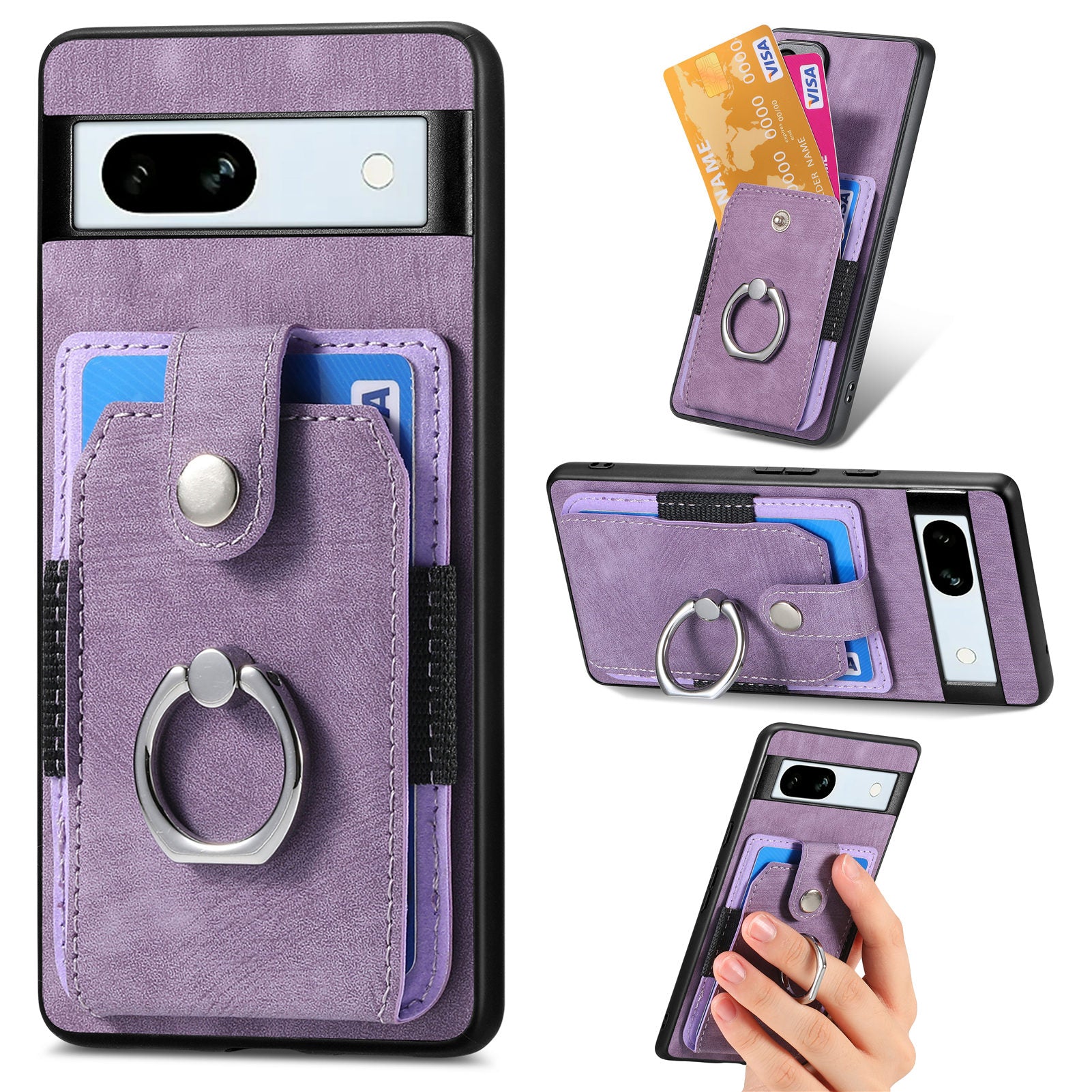 D2 For Google Pixel 7a Case with Card Holder Ring Kickstand Leather Coated TPU Phone Cover