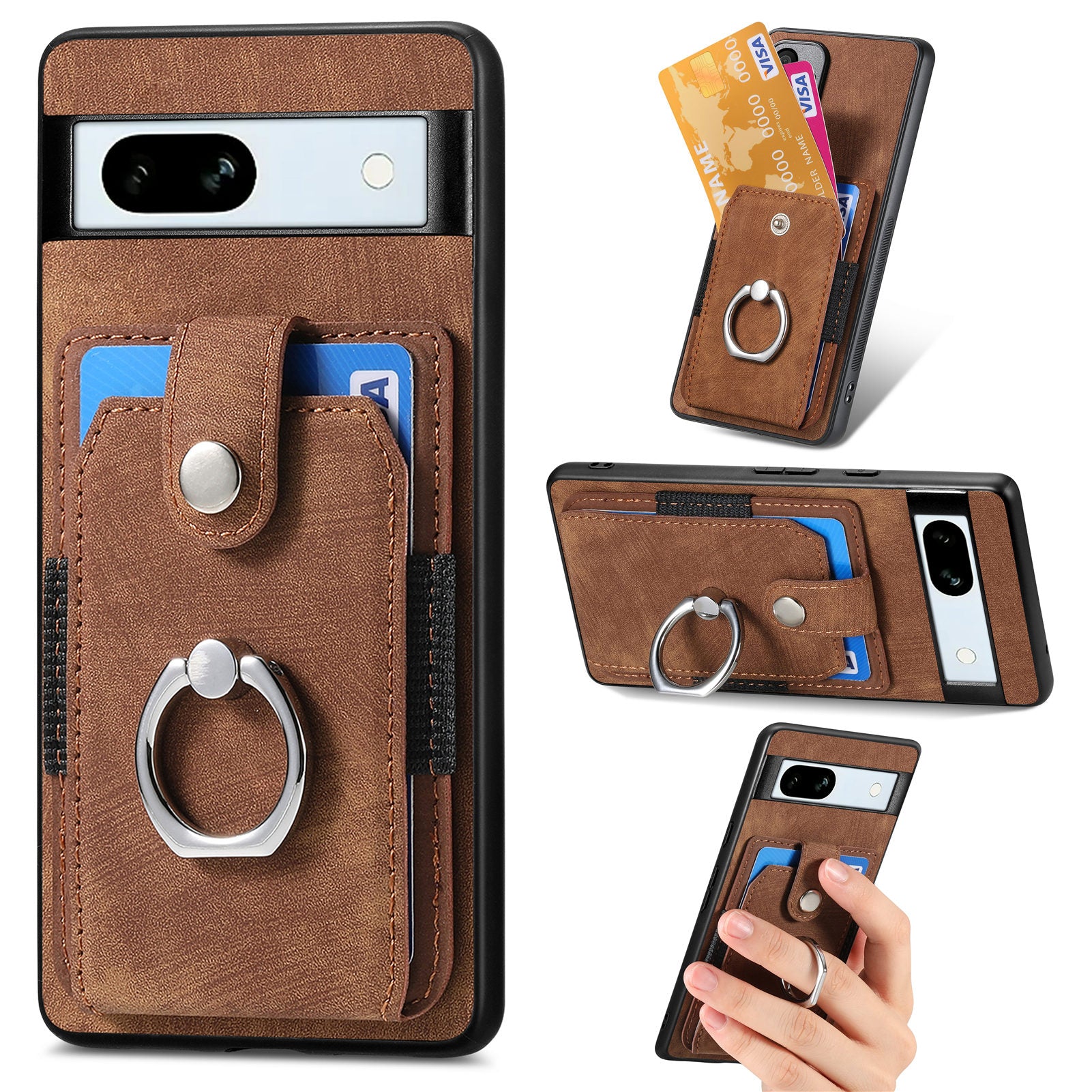 D2 For Google Pixel 7a Case with Card Holder Ring Kickstand Leather Coated TPU Phone Cover
