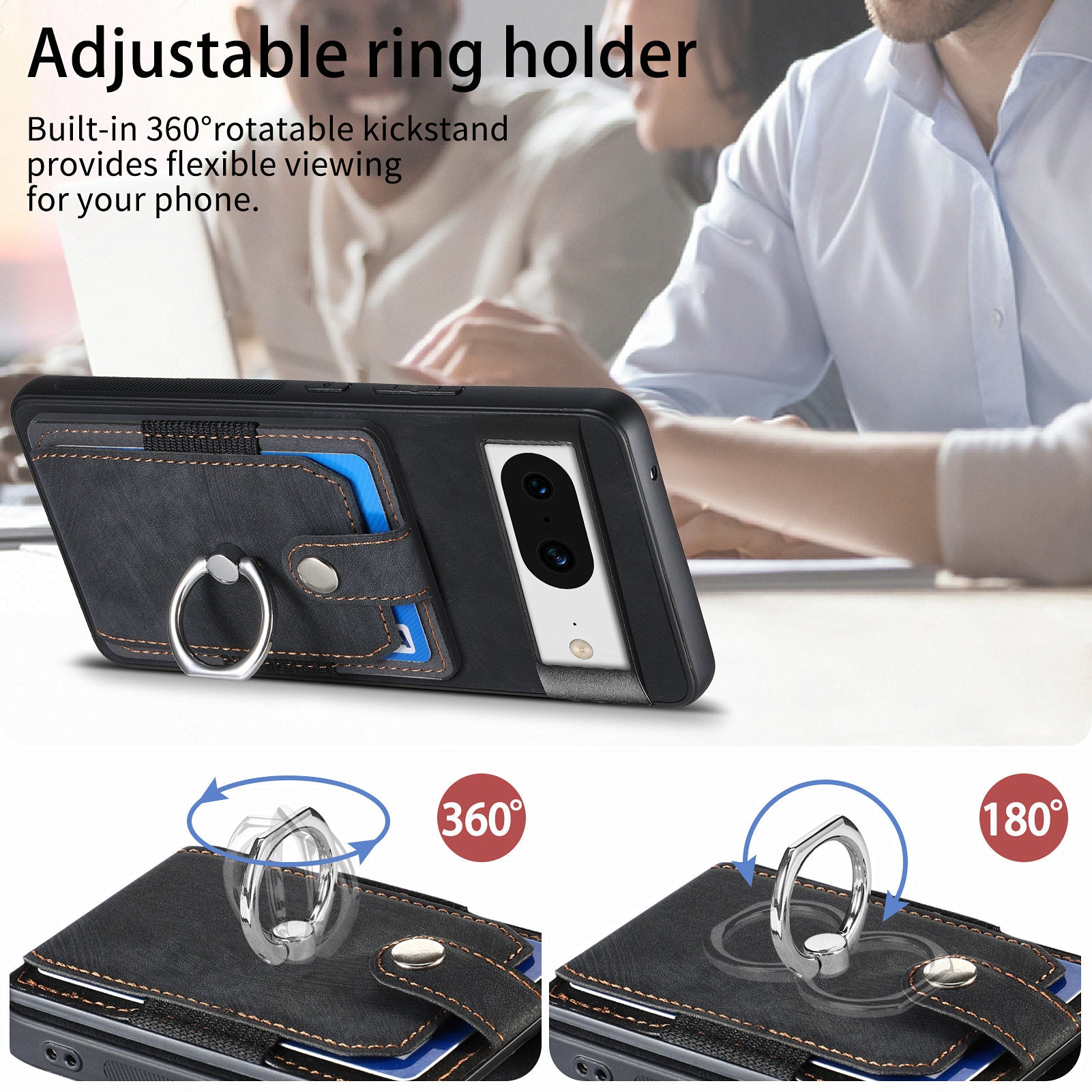 D2 For Google Pixel 8 Phone Case Ring Holder Kickstand TPU+PU Leather Phone Shell