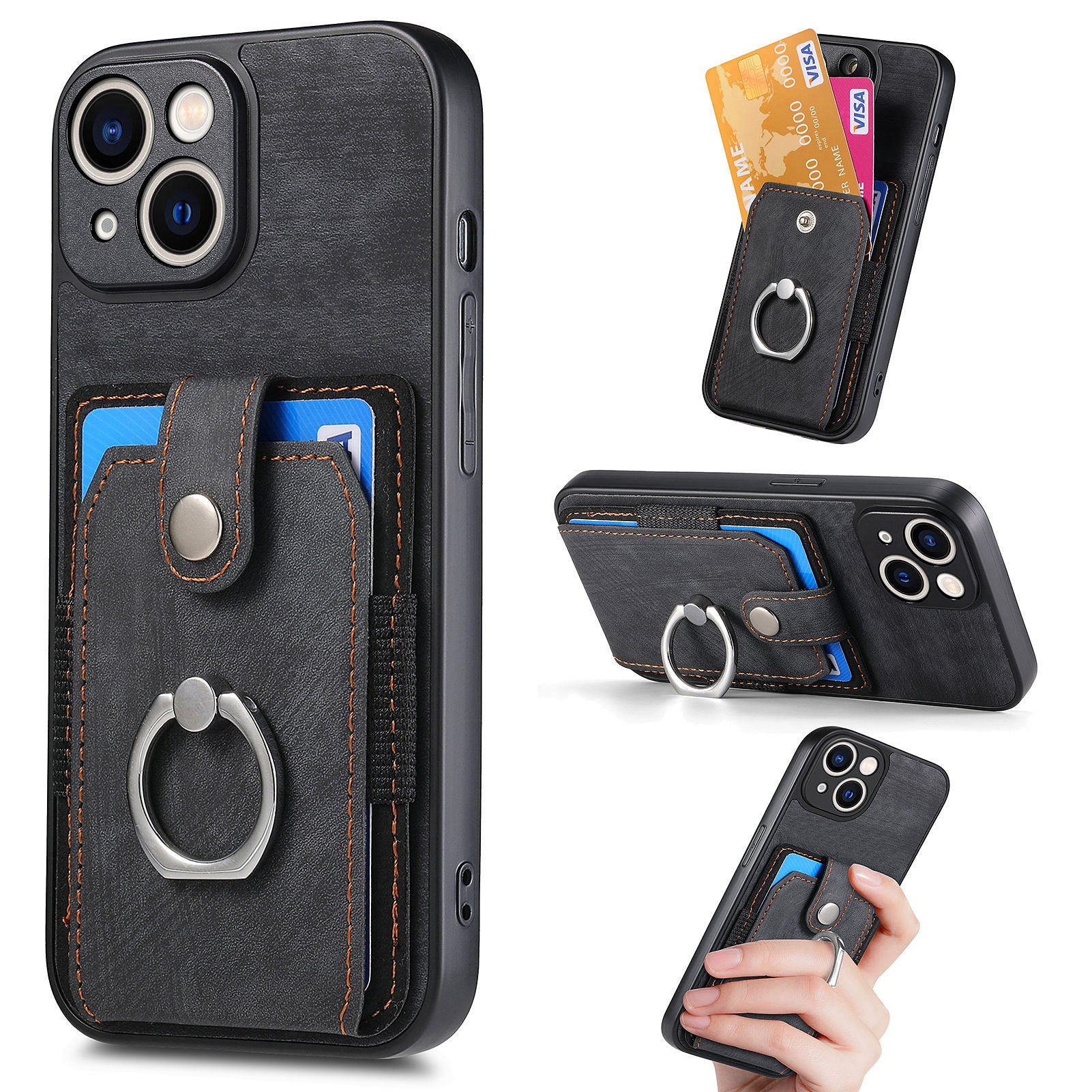 D2 For iPhone 13 6.1 inch Case Retro Rotation Ring Kickstand Leather Phone Back Cover