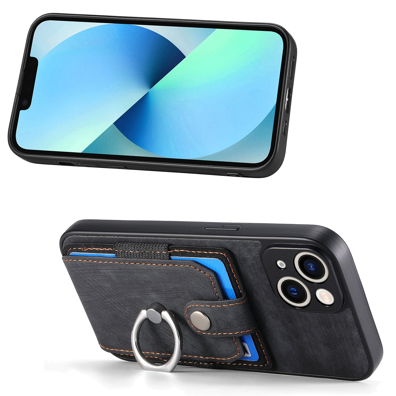 D2 For iPhone 13 6.1 inch Case Retro Rotation Ring Kickstand Leather Phone Back Cover