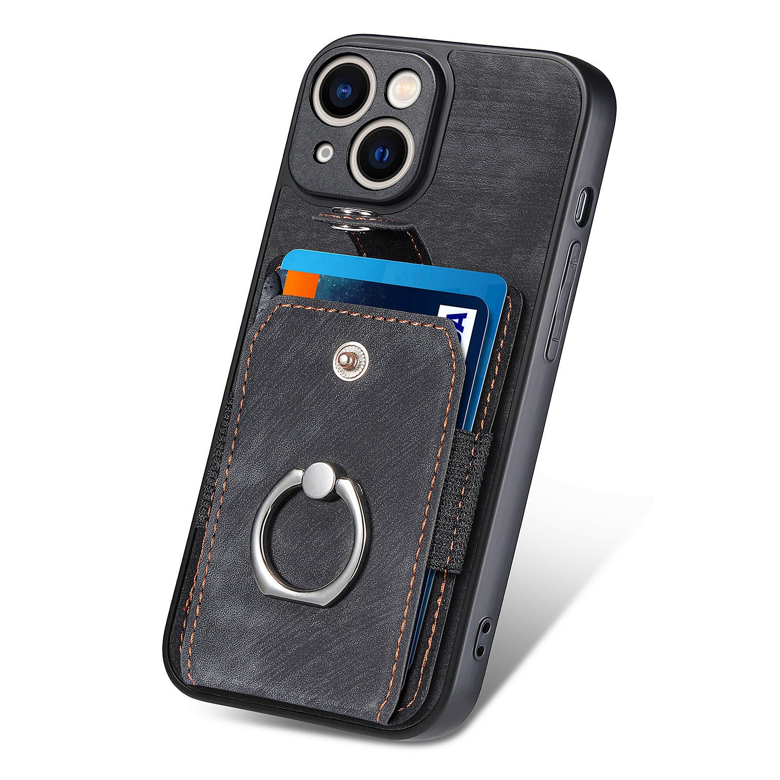 D2 For iPhone 13 6.1 inch Case Retro Rotation Ring Kickstand Leather Phone Back Cover