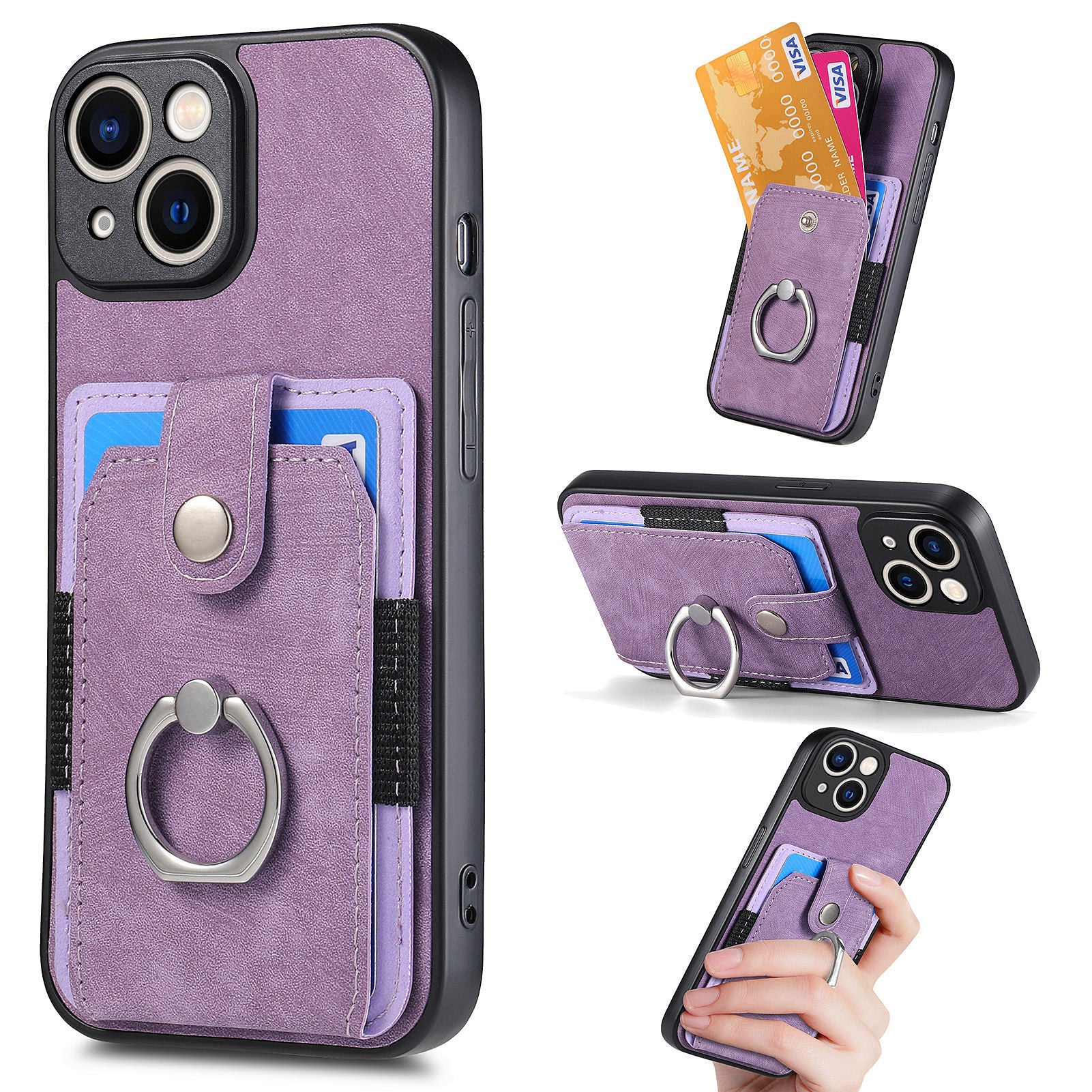 D2 For iPhone 13 6.1 inch Case Retro Rotation Ring Kickstand Leather Phone Back Cover