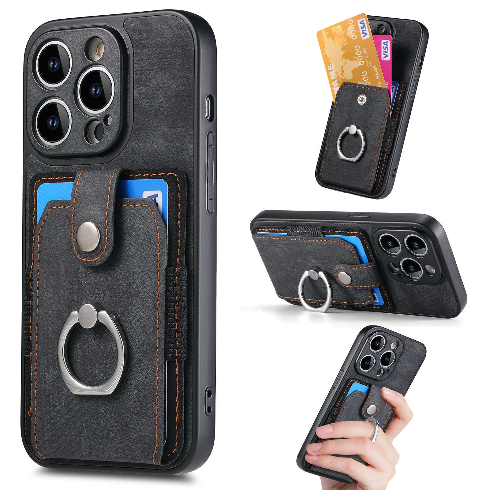 D2 For iPhone 14 Pro Max Phone Cover Ring Kickstand Card Holder PU Leather+TPU Phone Case