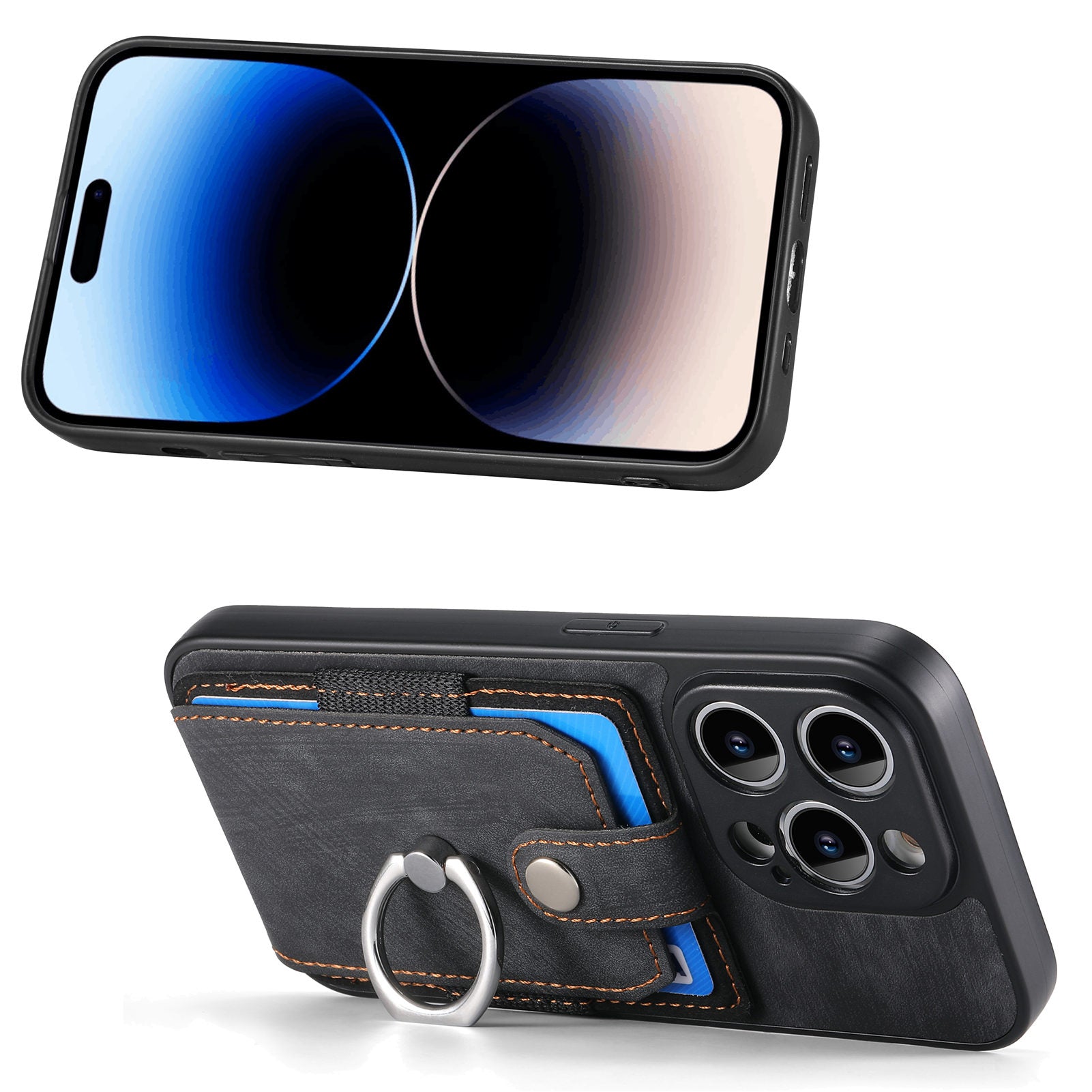 D2 For iPhone 14 Pro Max Phone Cover Ring Kickstand Card Holder PU Leather+TPU Phone Case