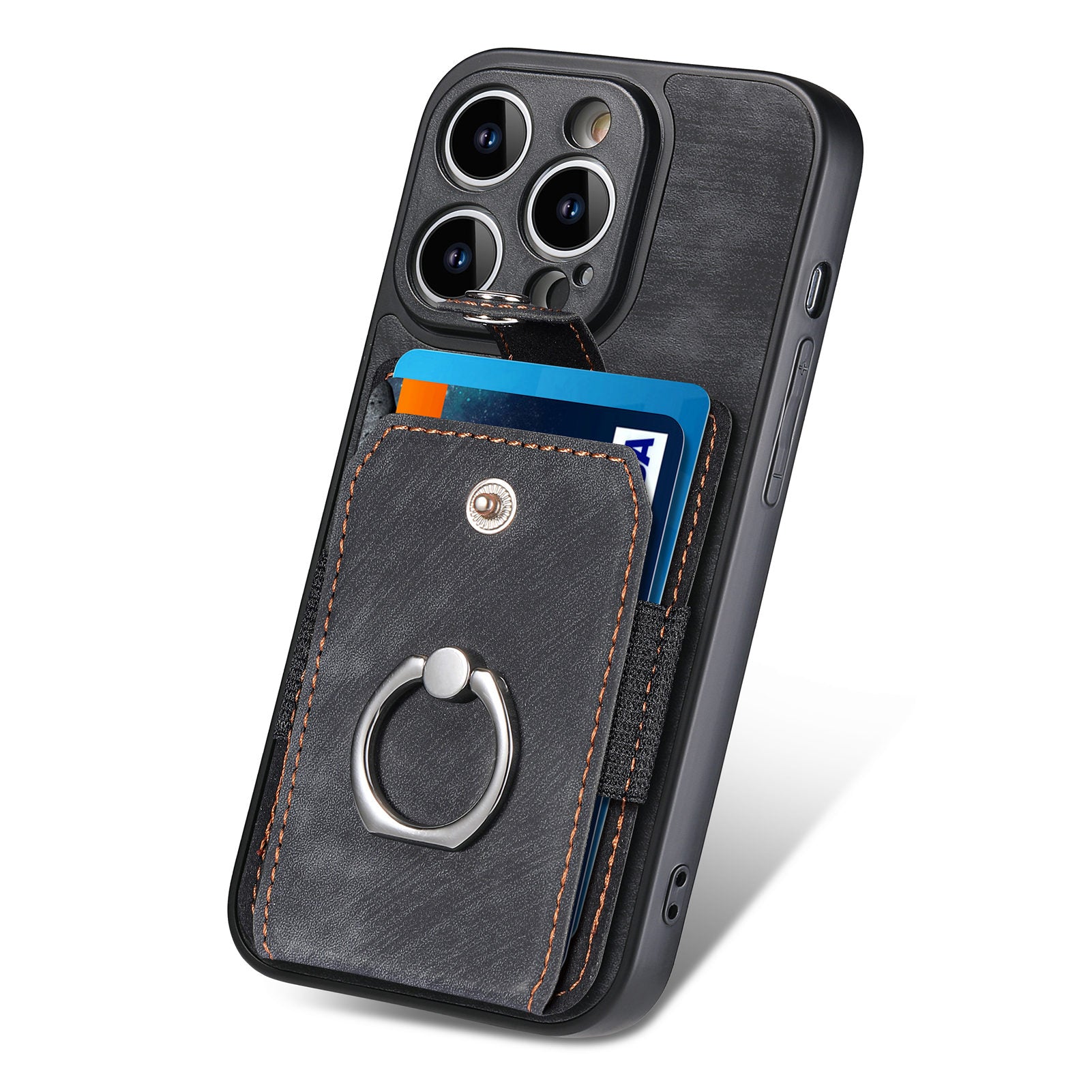 D2 For iPhone 14 Pro Max Phone Cover Ring Kickstand Card Holder PU Leather+TPU Phone Case