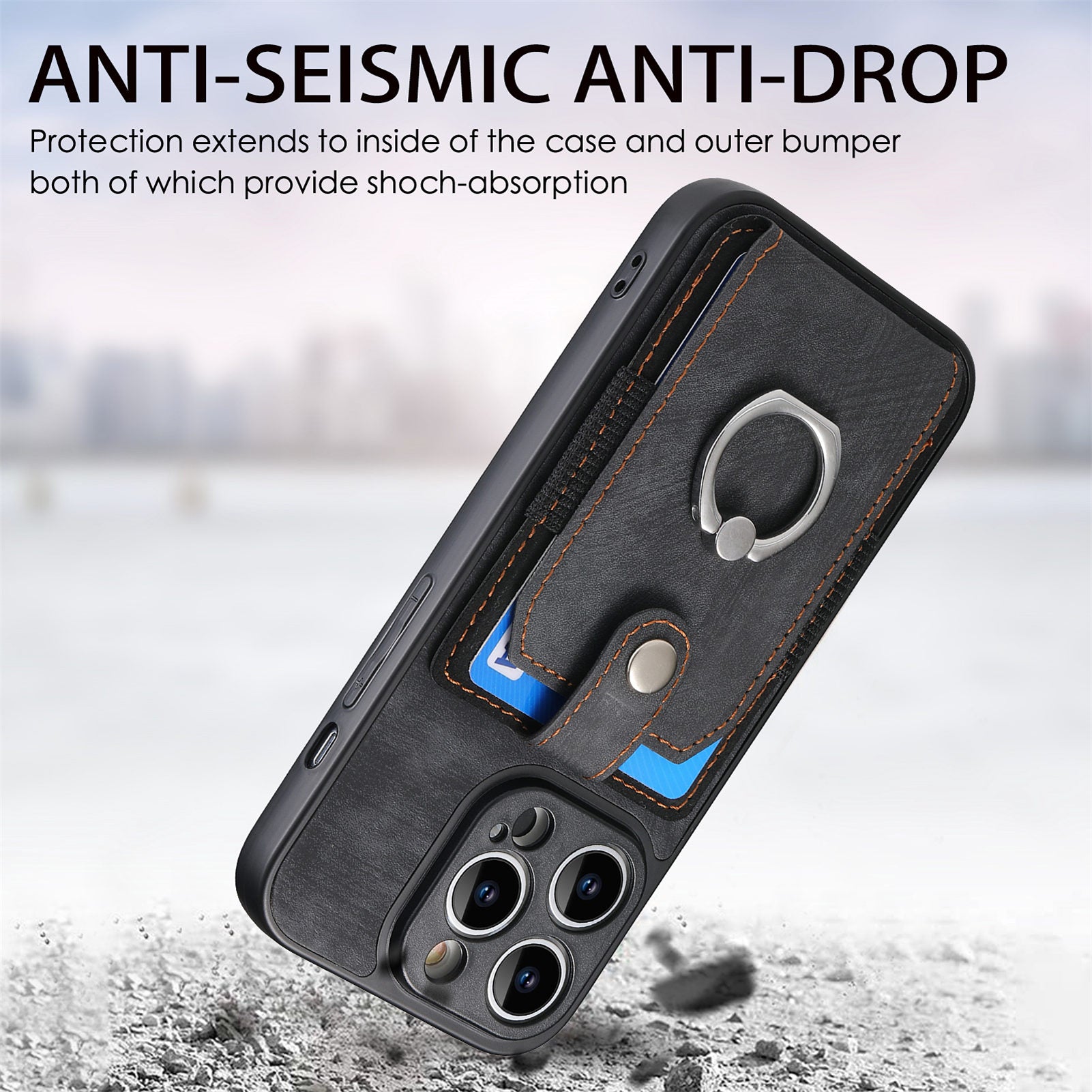 D2 For iPhone 14 Pro Max Phone Cover Ring Kickstand Card Holder PU Leather+TPU Phone Case